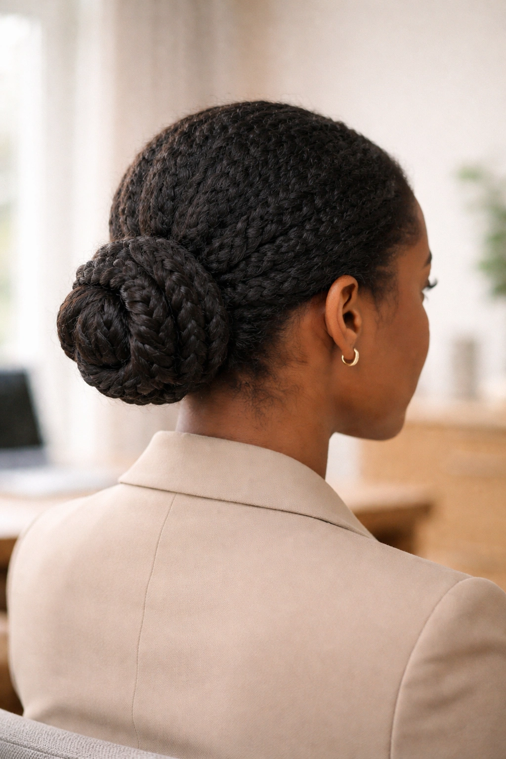 Close-up of braided low bun on coily hair in an office setting