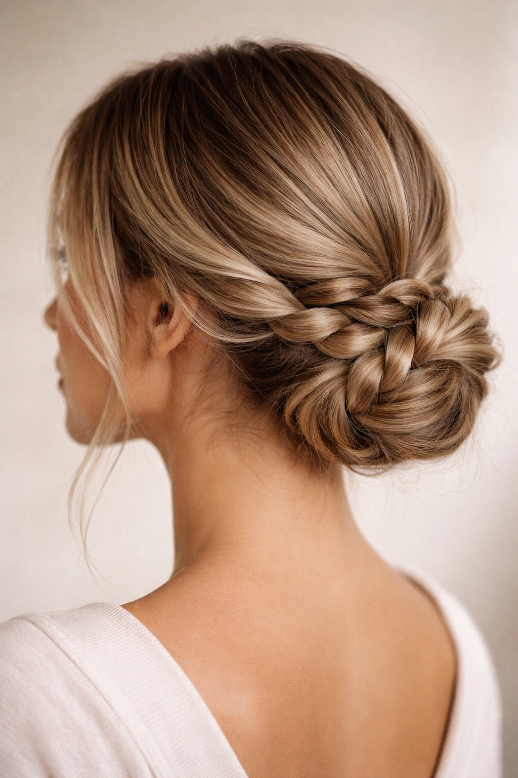Braided low bun showing textured braid wrapped at the base