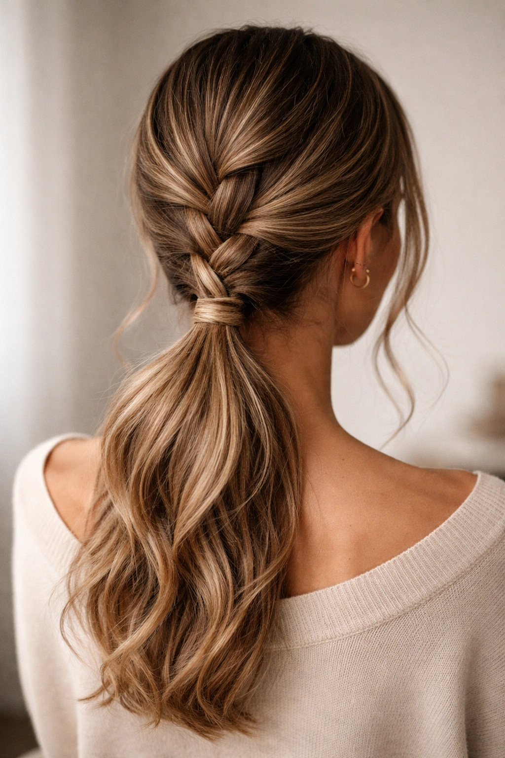 Back view of a low ponytail with a braid woven through