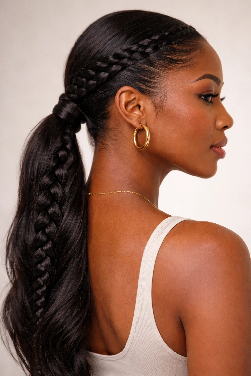 Braided low ponytail with crown braid flowing into ponytail