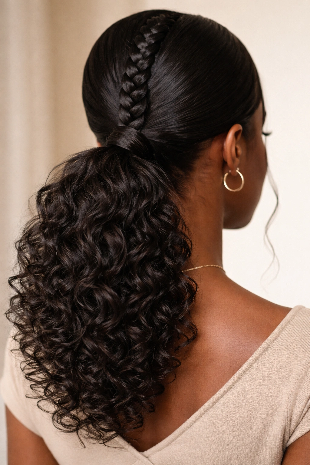 Braided low ponytail with center braid and curly texture
