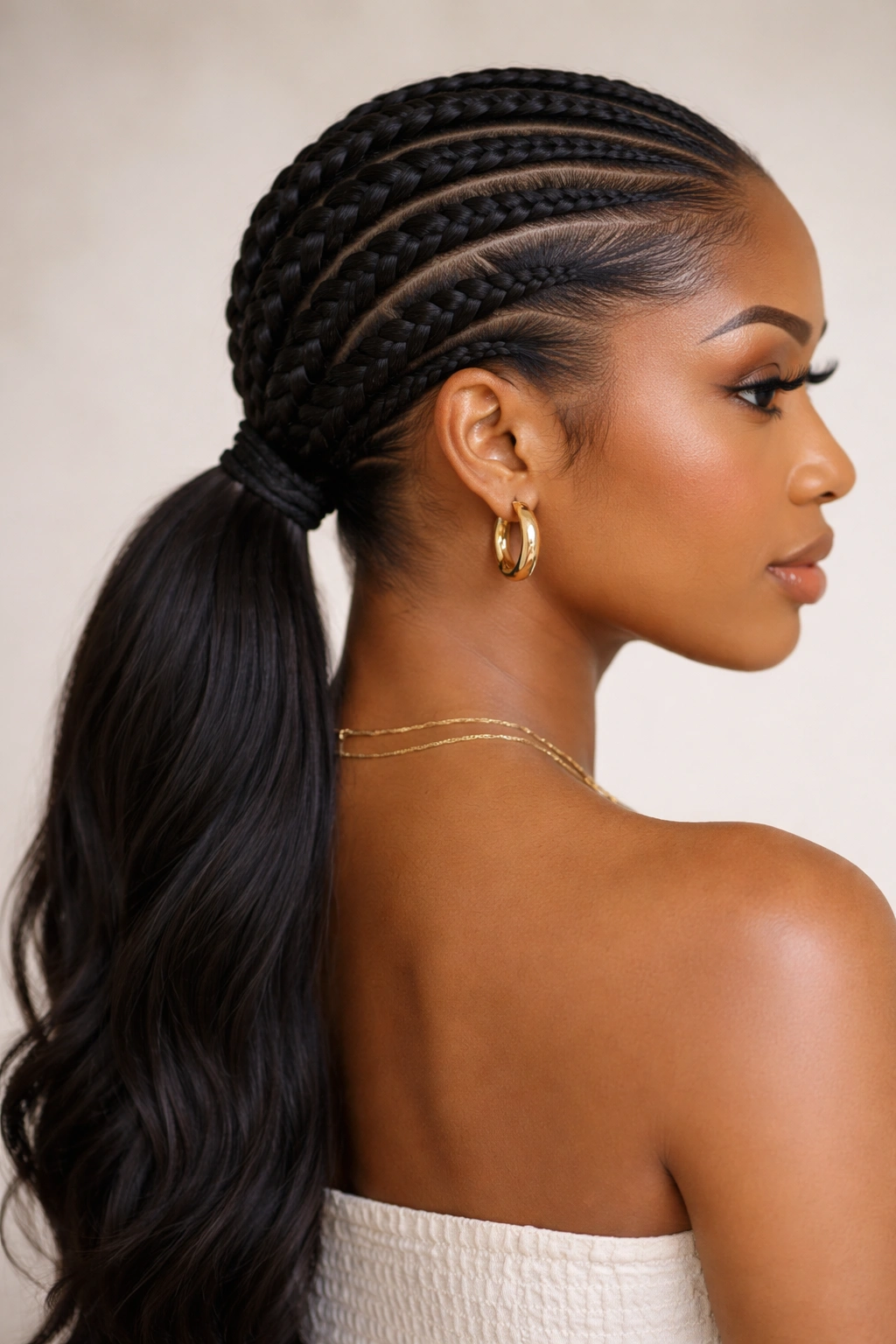 Braided scalp lines leading into a neat low ponytail.