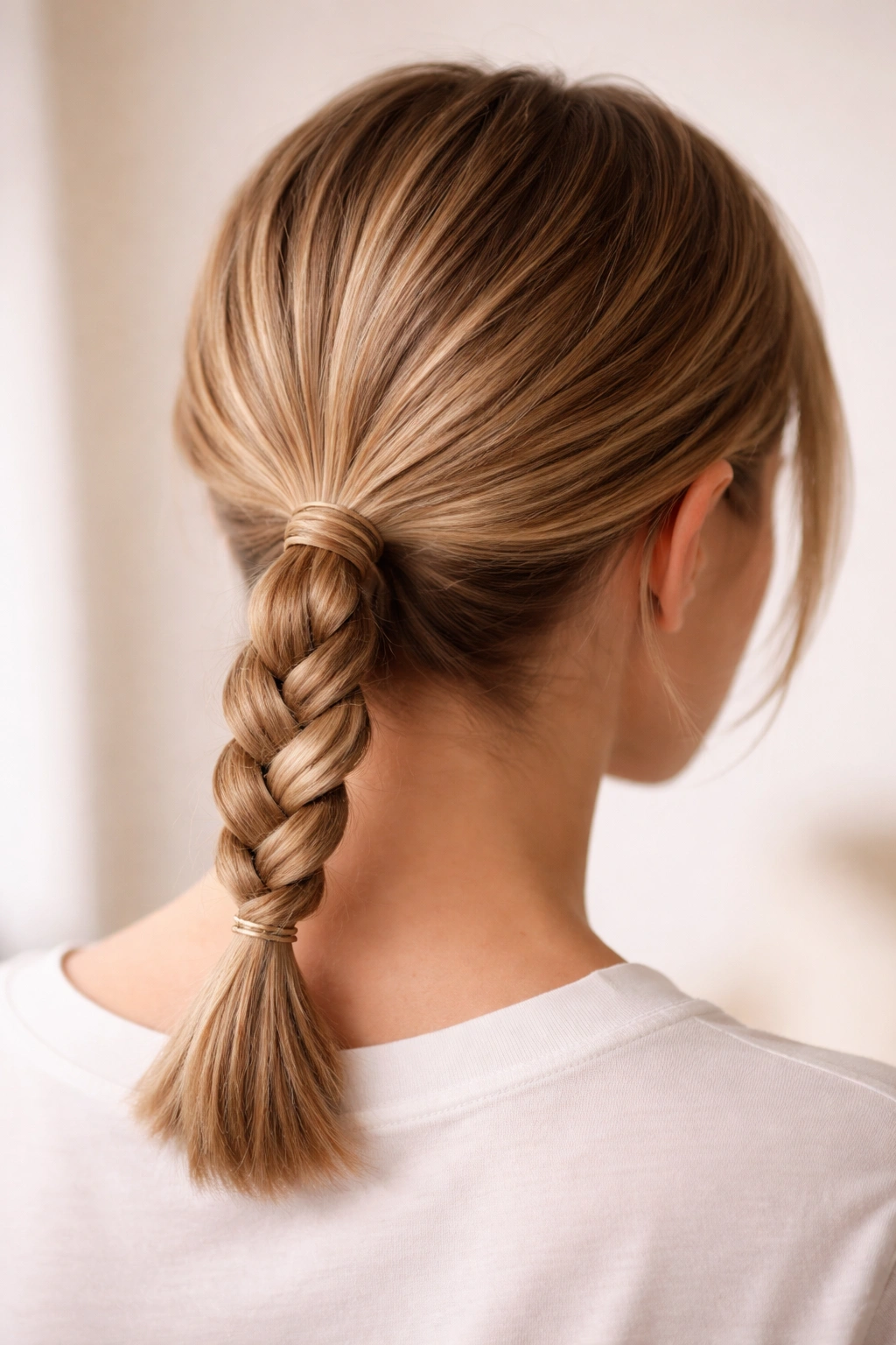 Back view of a short hairstyle with a braided low ponytail featuring a full three-strand braid at the base