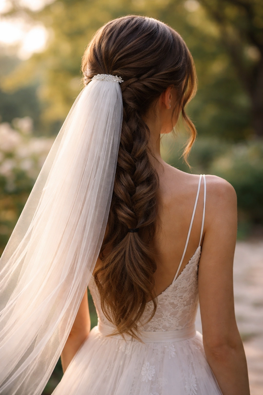 Braided low ponytail with flowing tulle veil in a garden setting