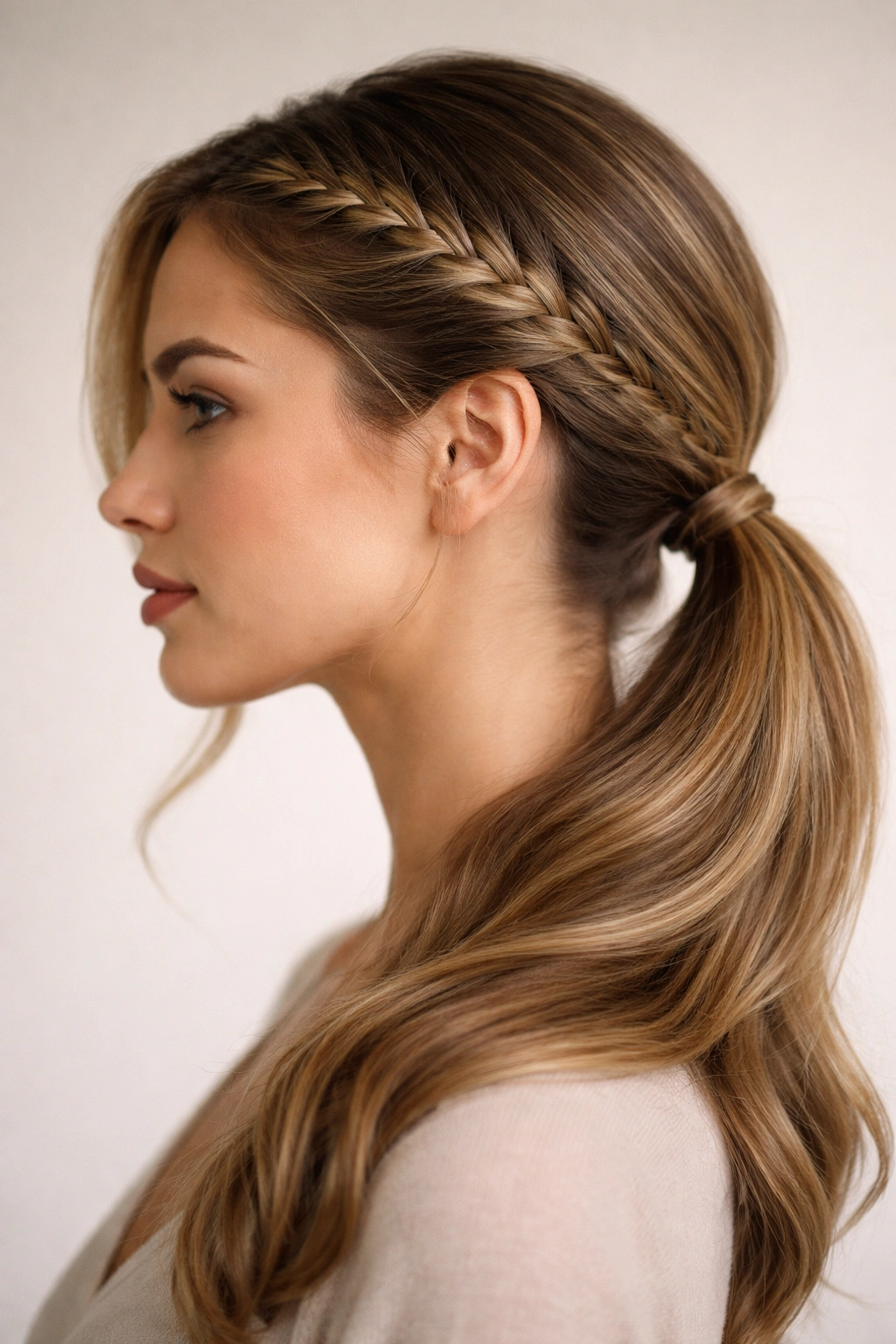 Side profile showing a thin Dutch/French braid into a low side ponytail.