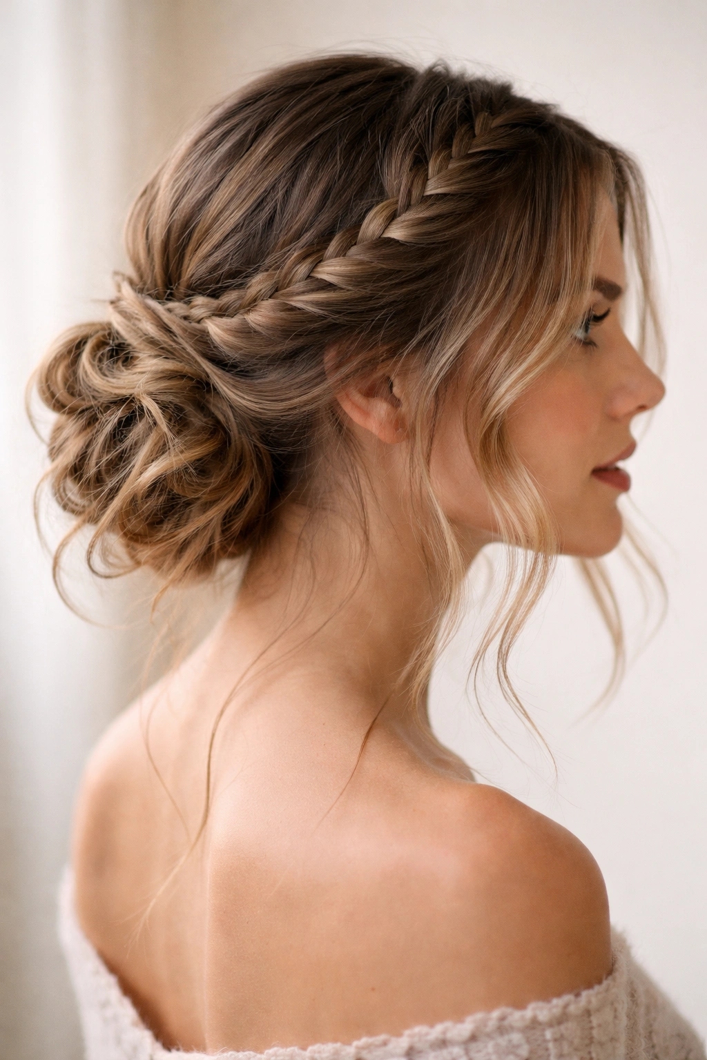 Braided low updo with face-framing pieces and waviness.
