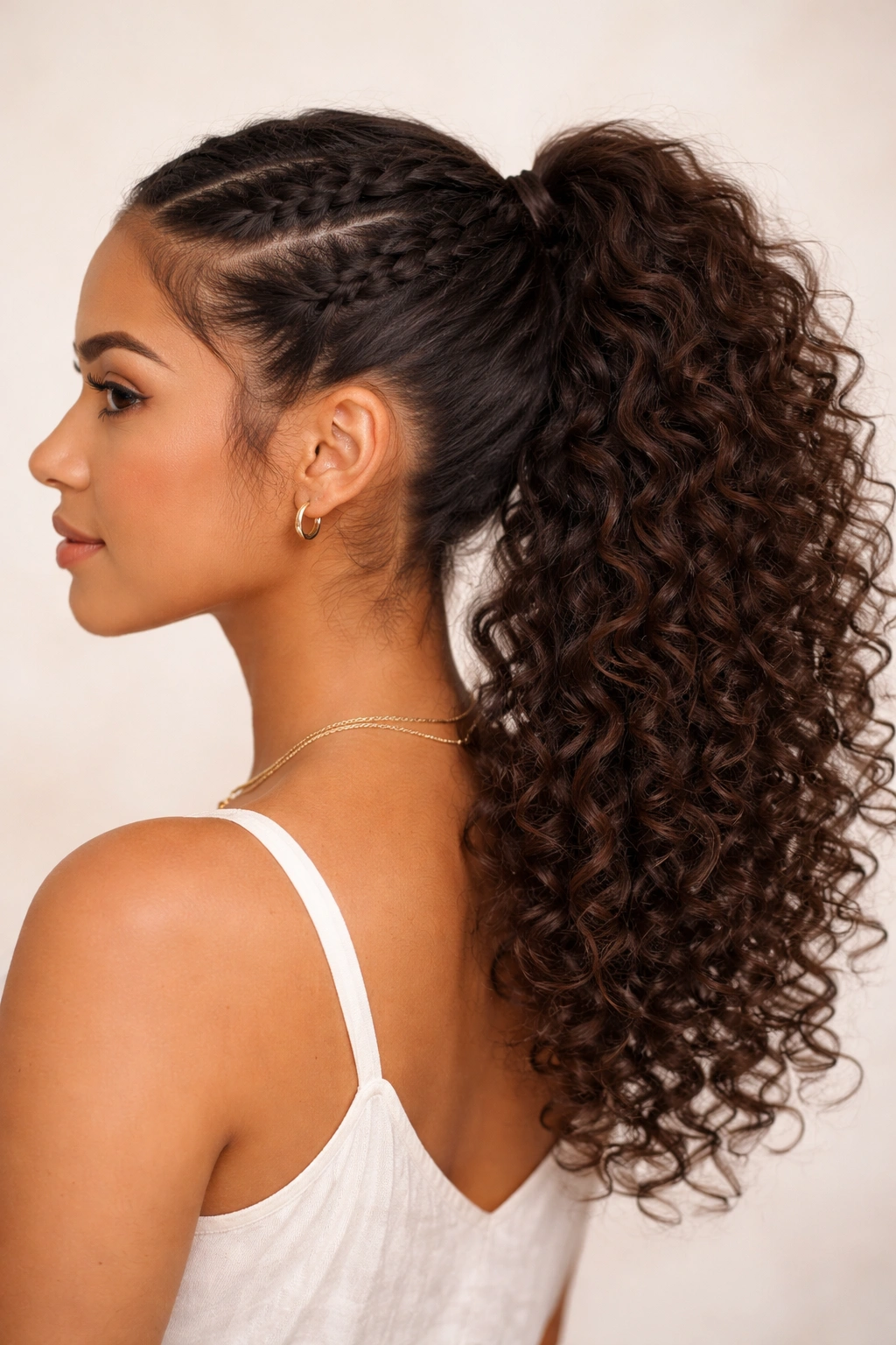 Mid-pony with side braids and curly texture