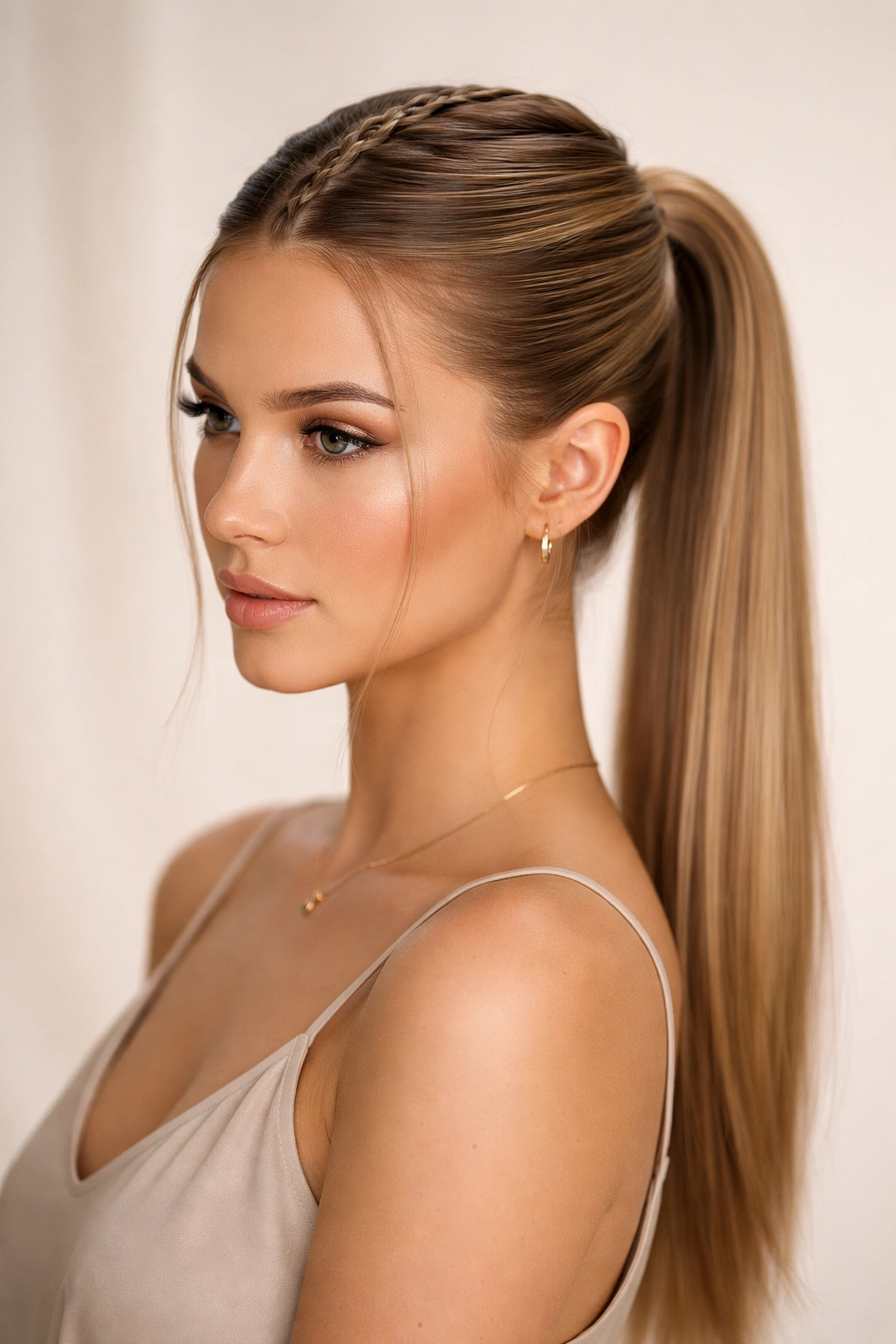 Central Dutch or French braid into a ponytail