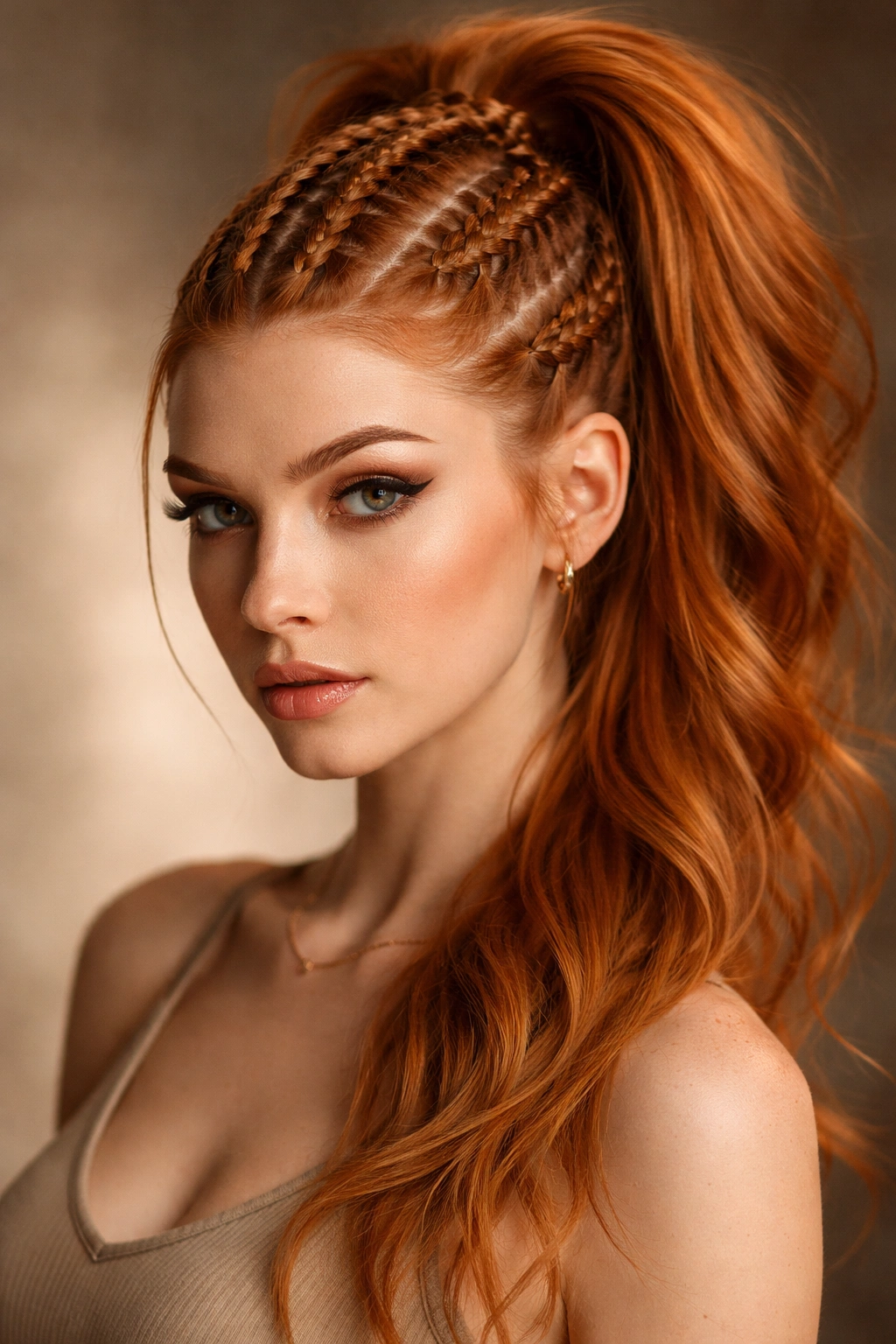 Ginger-haired person with a center-down braids forming a mohawk into a ponytail