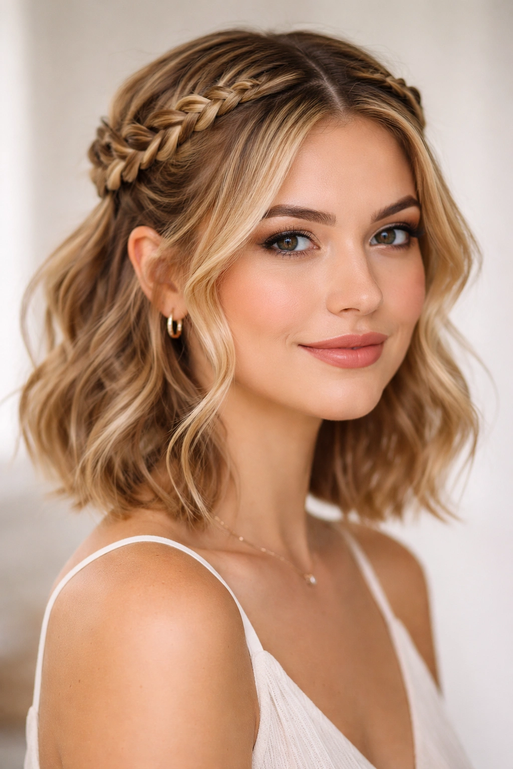 Two crown braids above each ear meeting at the back center for a braided pigtail half-up