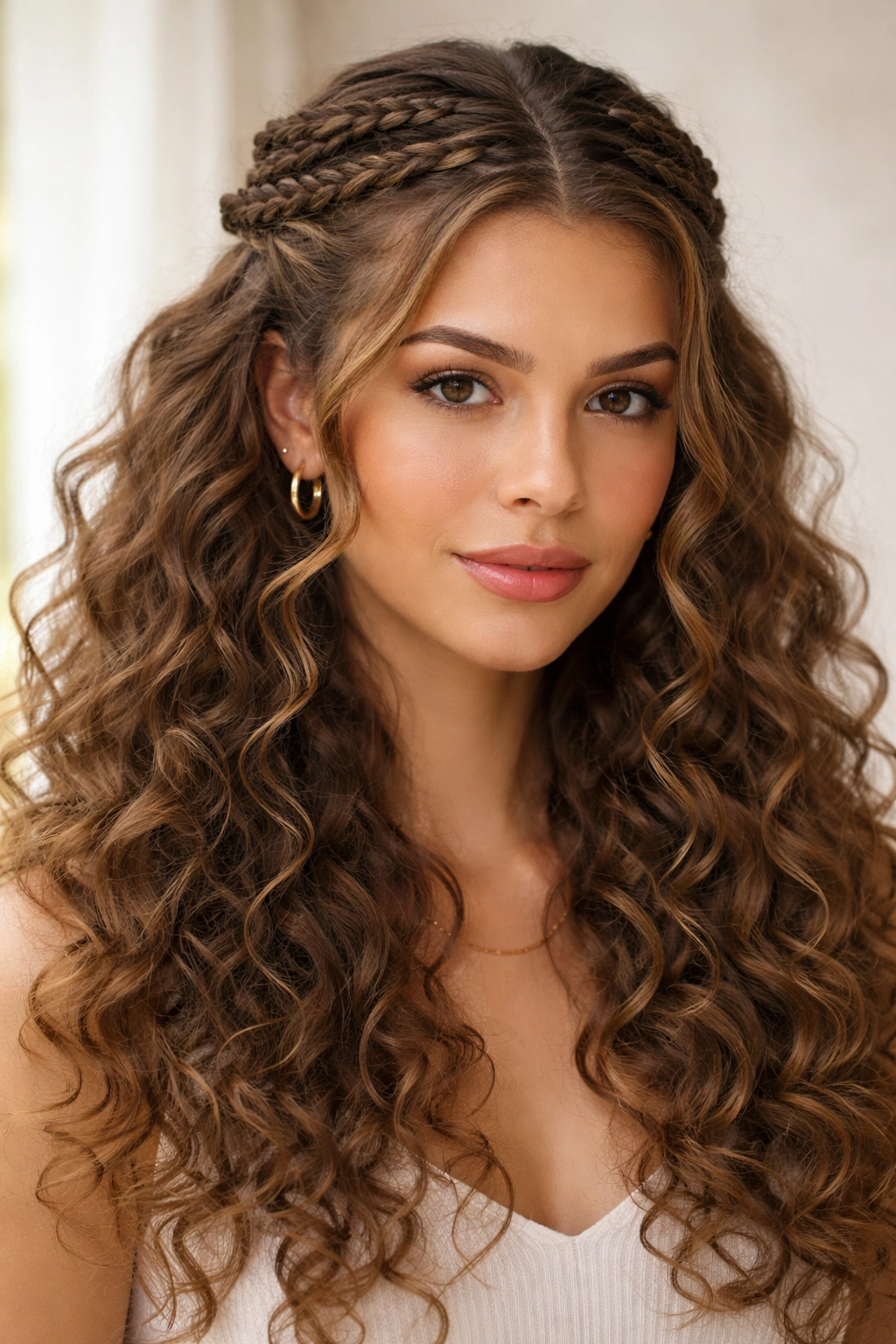 Three slim braids across the crown, pinned at the back on curly hair