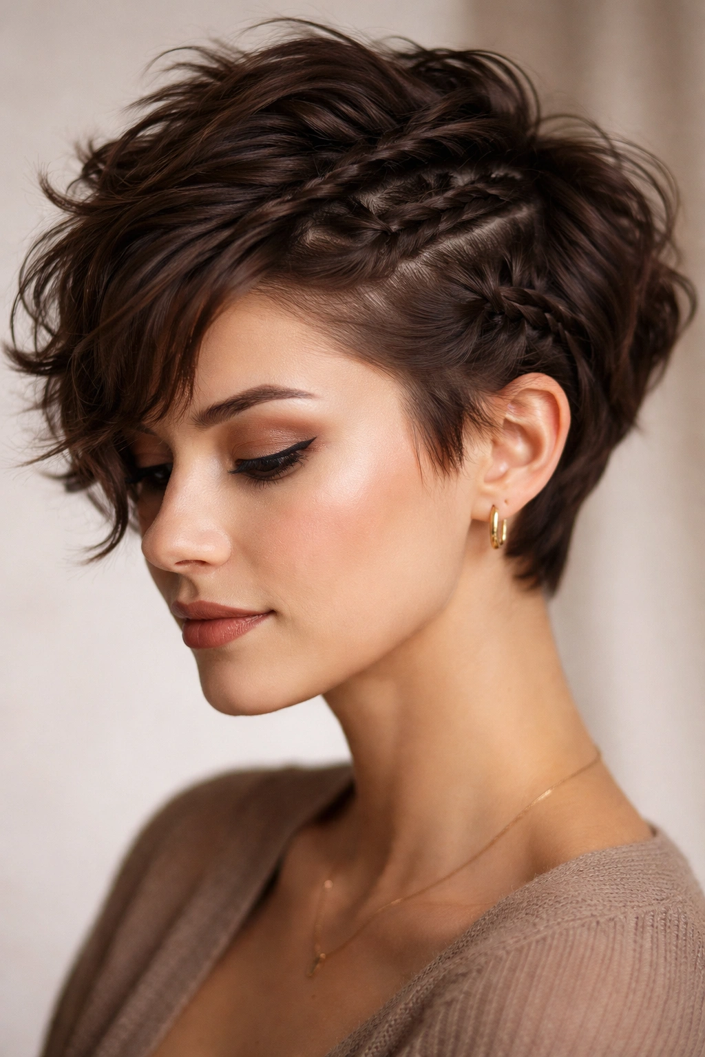 Brunette braided wavy pixie cut.
