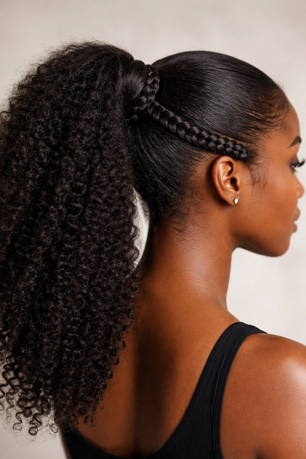 Close-up of a braided ponytail with wrap-around braid on 4C hair