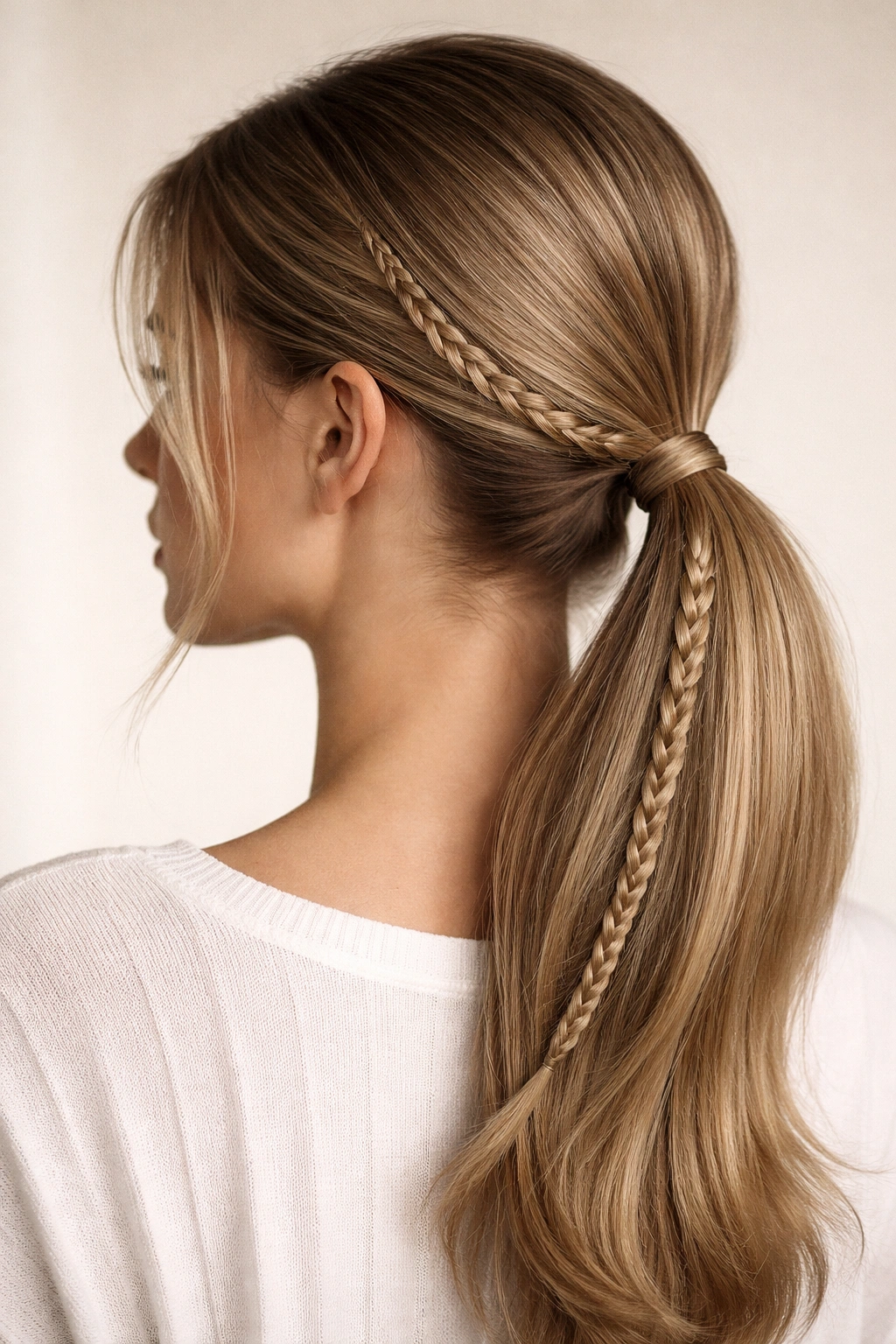 Low ponytail featuring a thin side braid detail