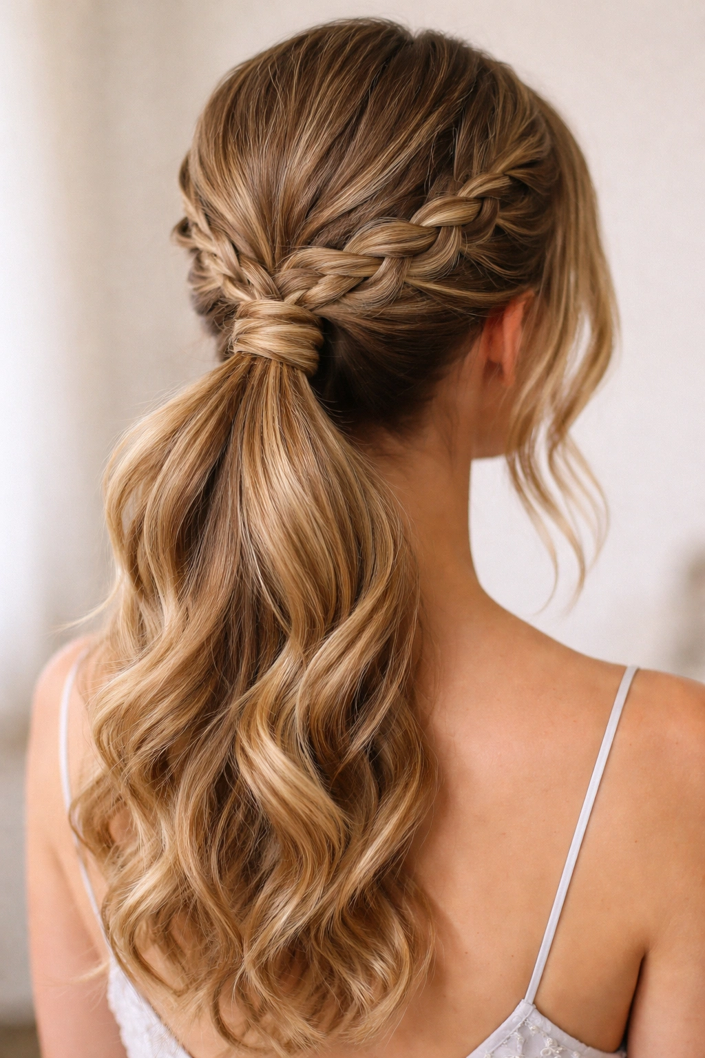 Close-up of crown braid forming base of a low ponytail at the nape