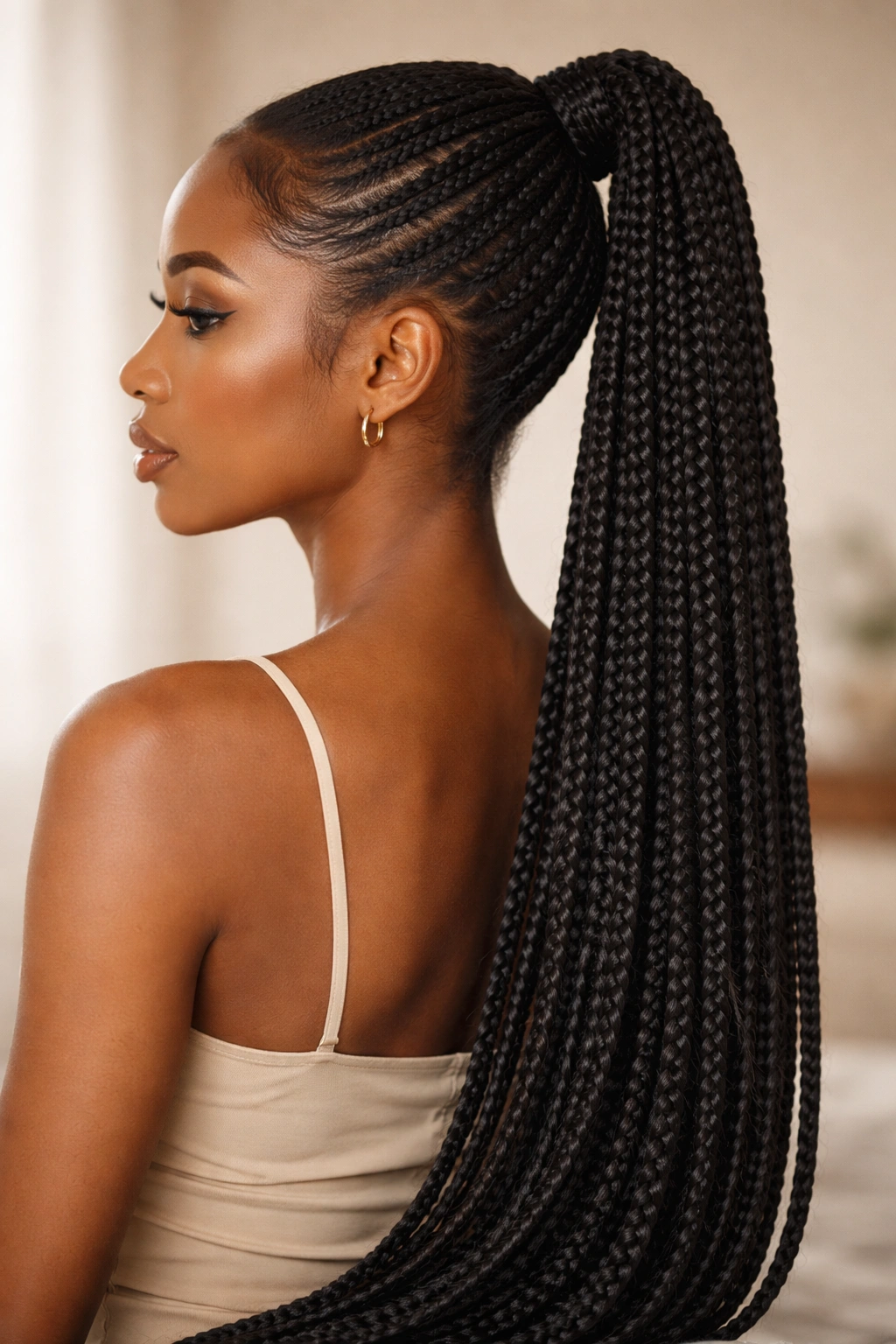Close-up of a long braided ponytail with glossy braids, protective hairstyle for Black hair