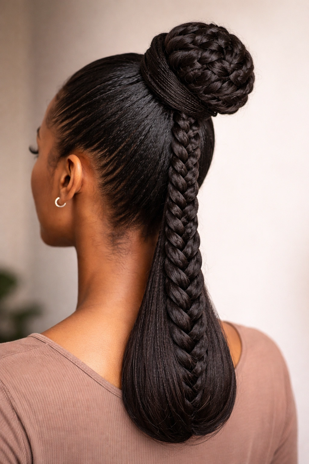 Close-up of braided ponytail bun with wrapped base showing a thick cornrow down a high ponytail and wrapped base