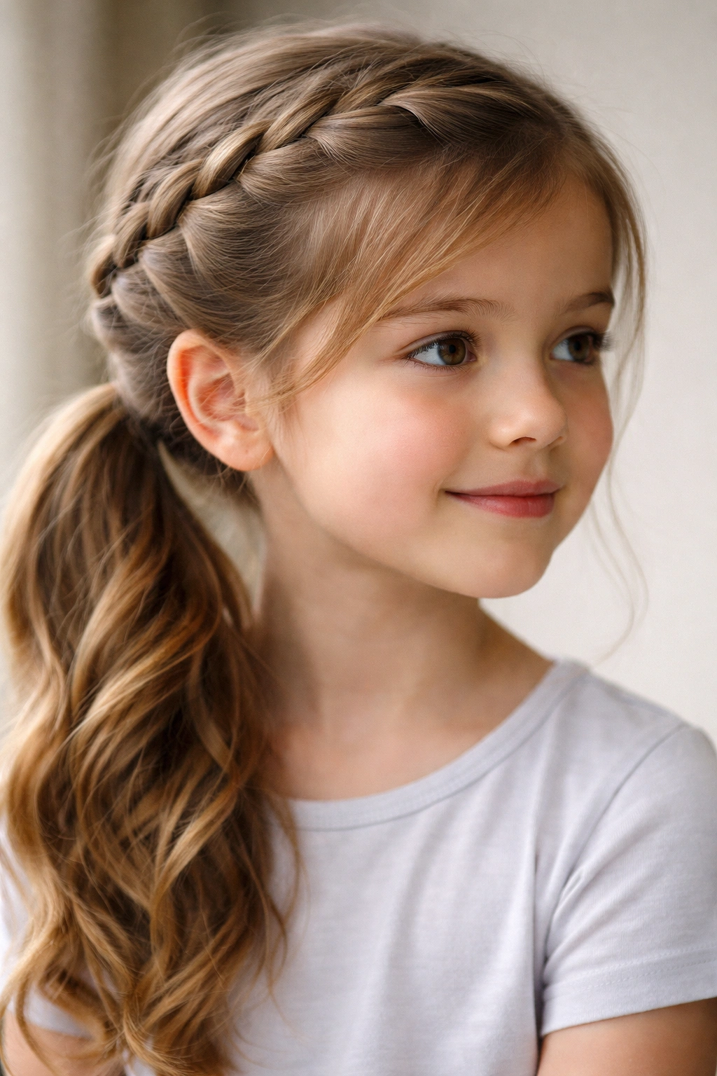 Child with a crown braid leading into a side ponytail on a neutral background.