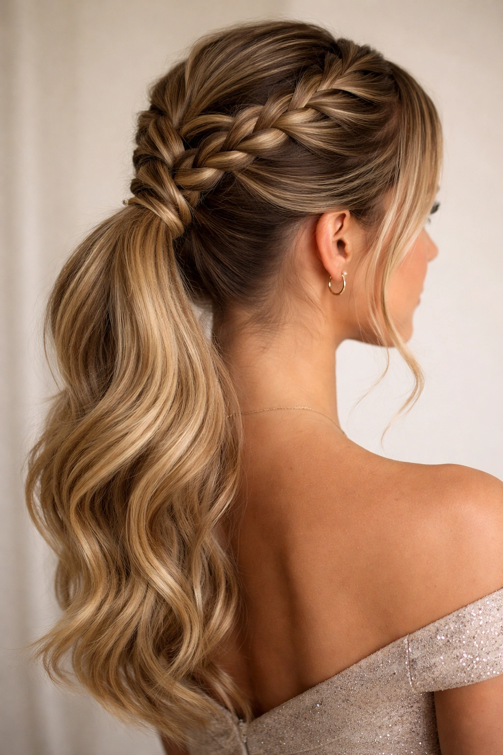 Braided crown leading into a ponytail with visible braid texture