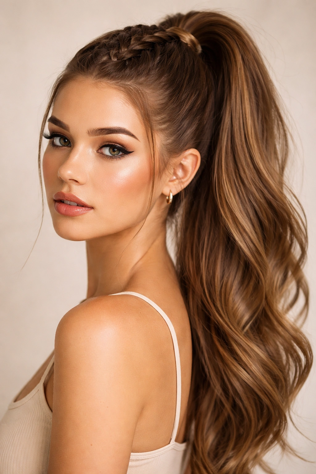 Braided high ponytail with crown braid blending into loose hair
