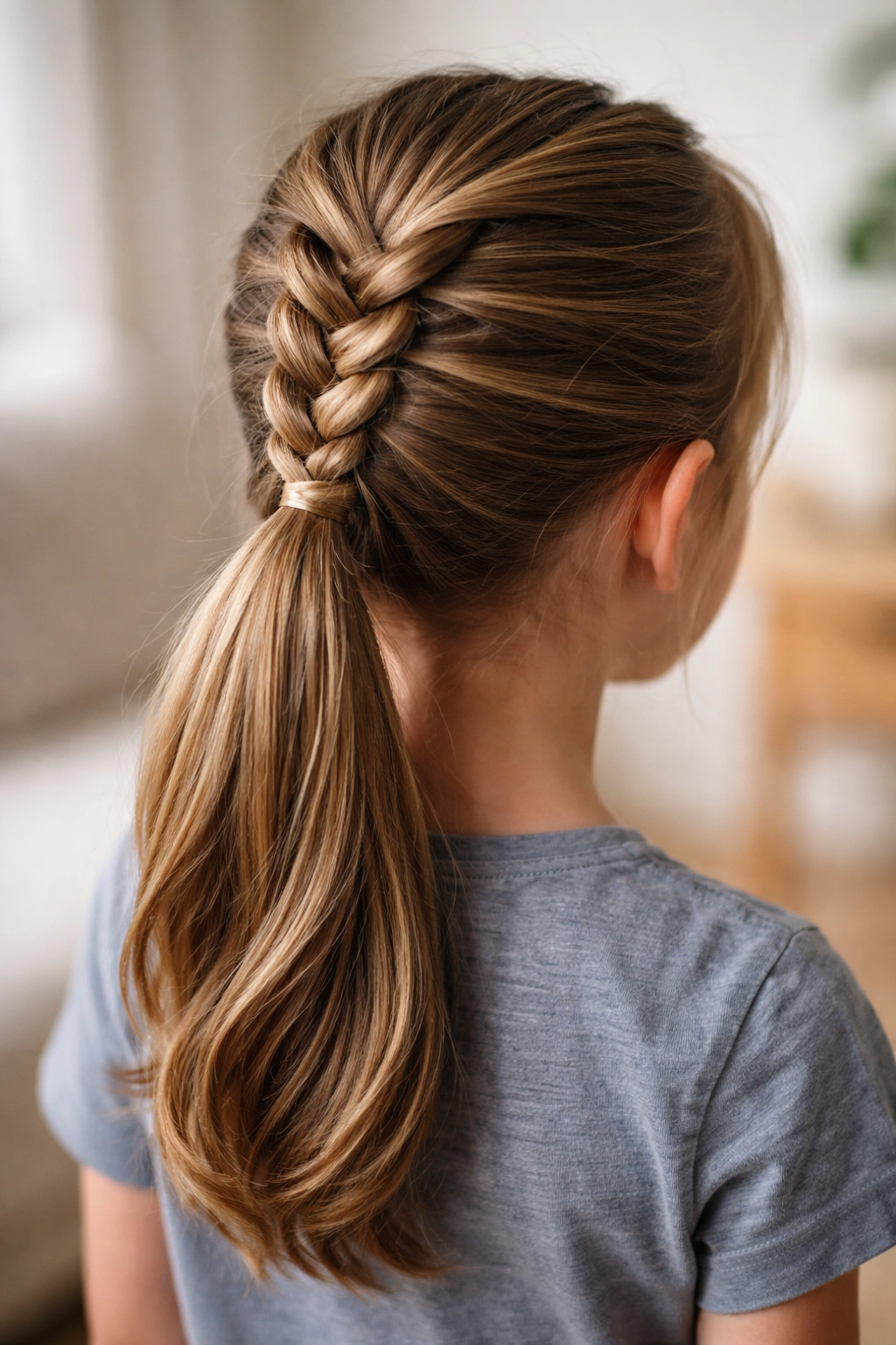Crown braid sitting above a ponytail in a neat style