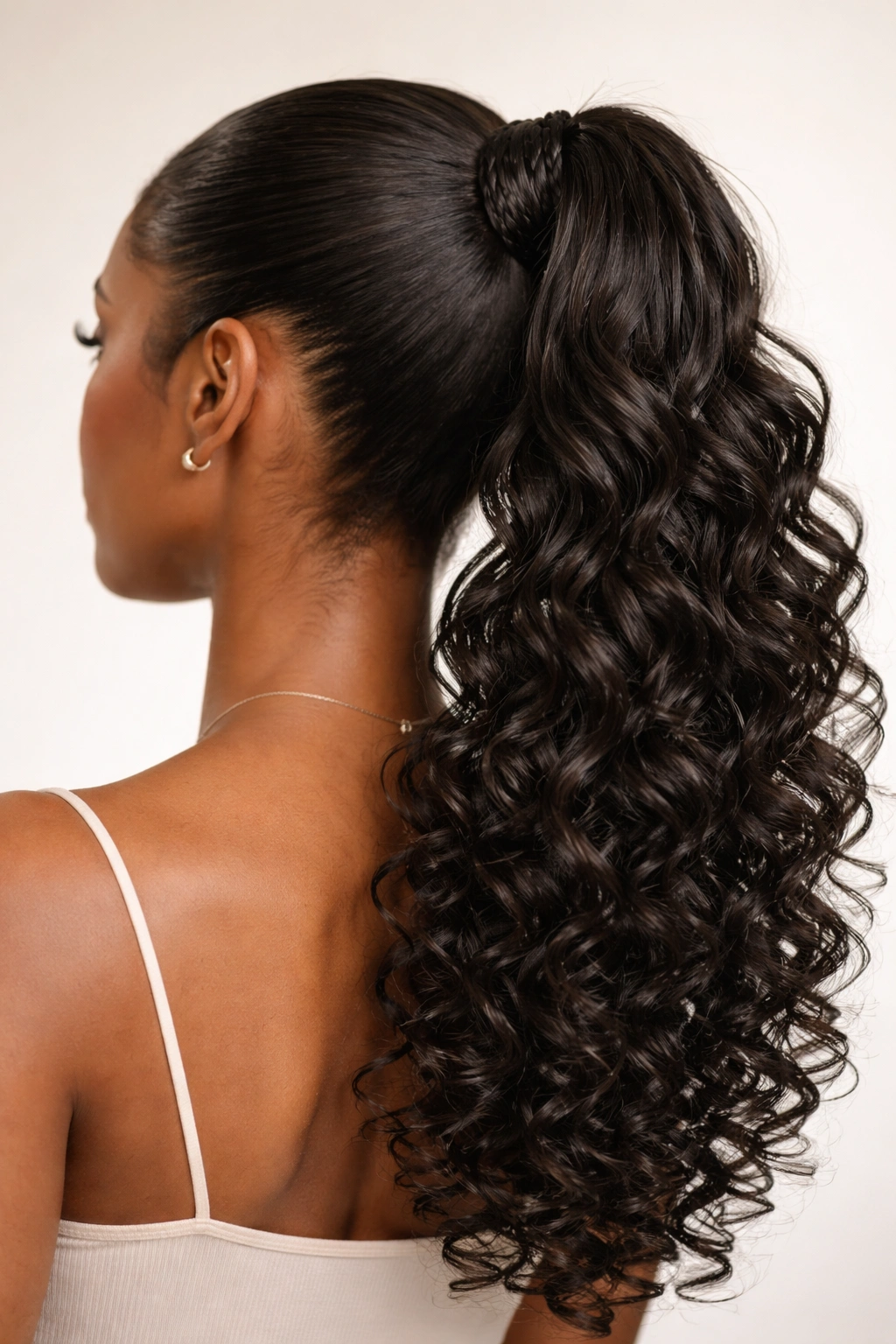 Braided wrapped ponytail with curly extensions