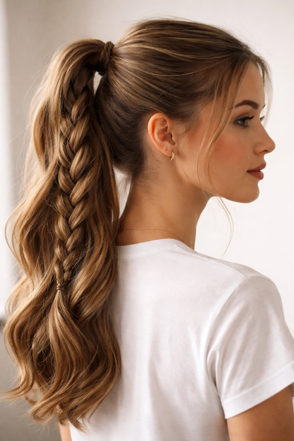 Side view of ponytail with flowing braid integrated into the tail