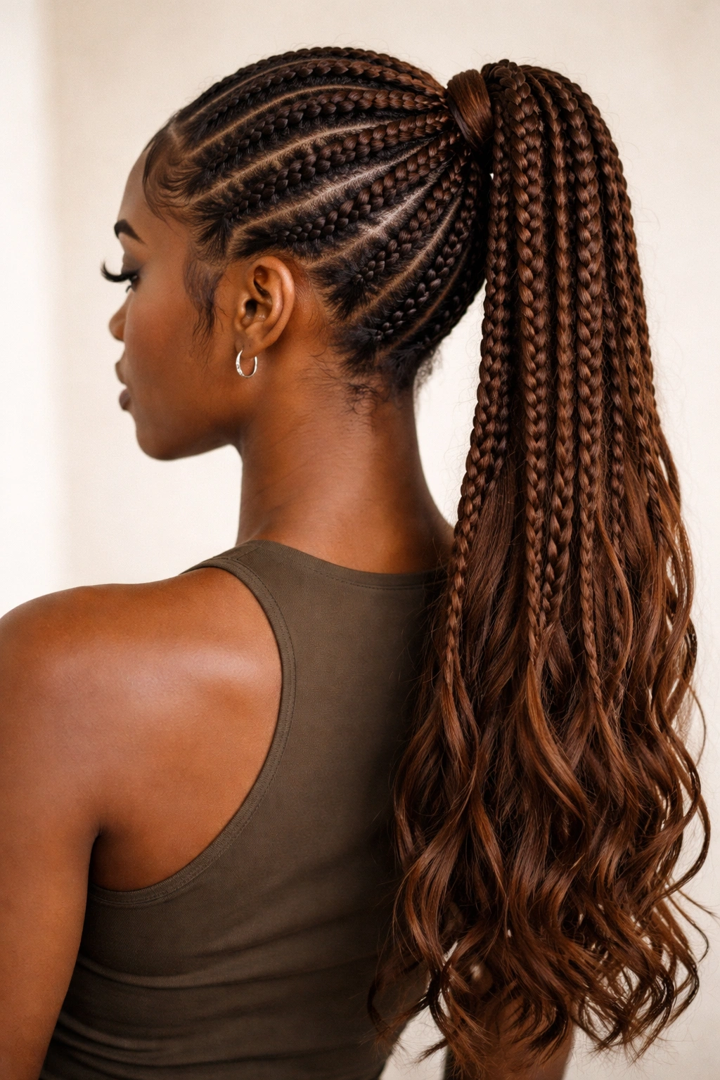 Braided ponytail with brown feed-in extensions blending with natural hair