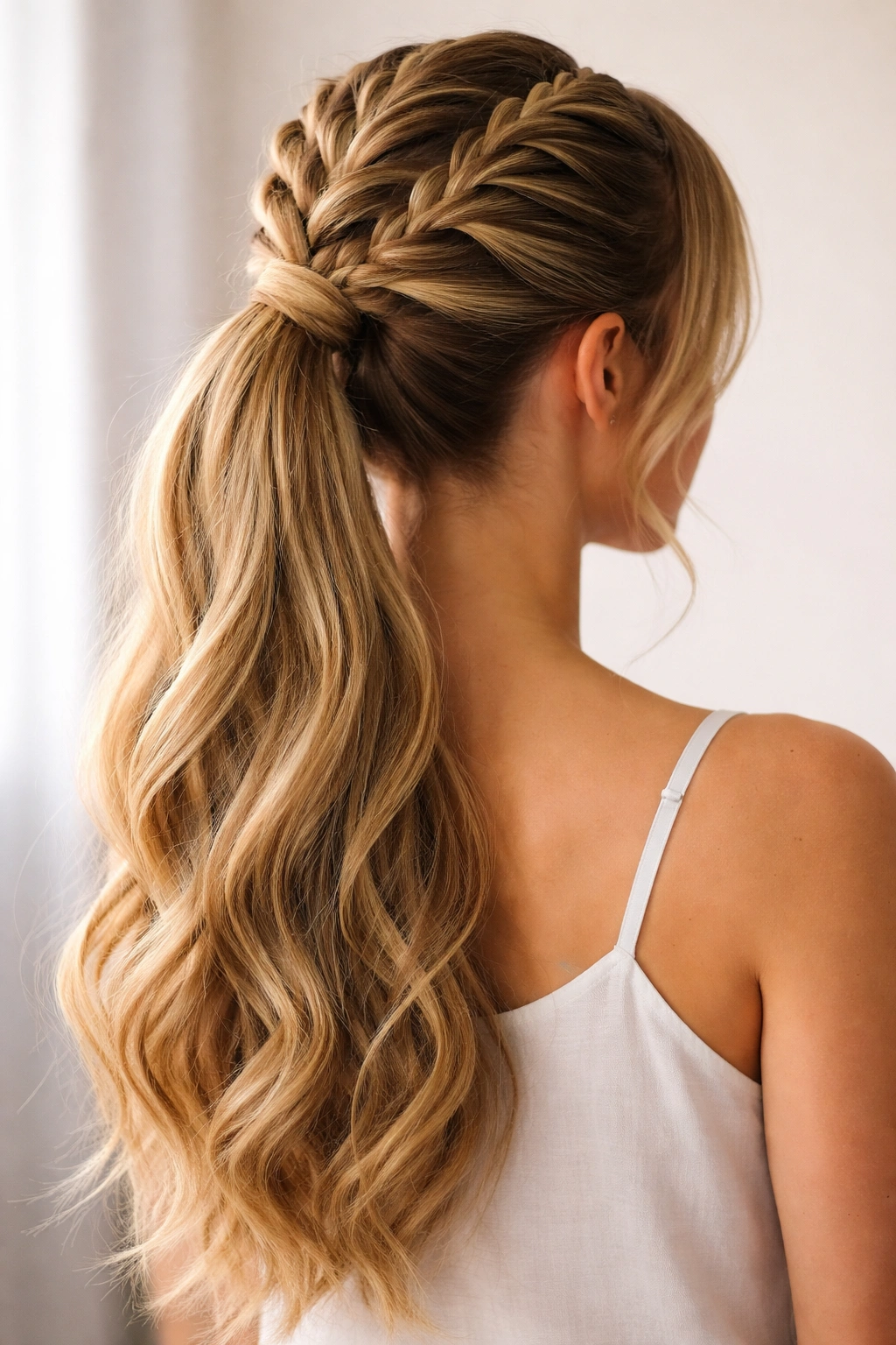 Braided clip-in ponytail with crown braid flowing into long ponytail on head form