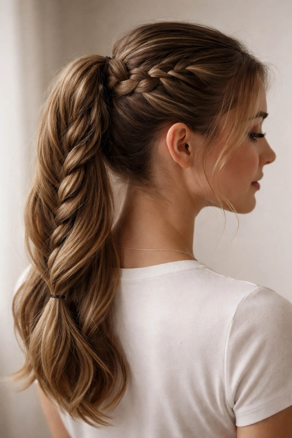 Portrait of a person with a braided ponytail in a studio setting, emphasizing braid texture and hair styling
