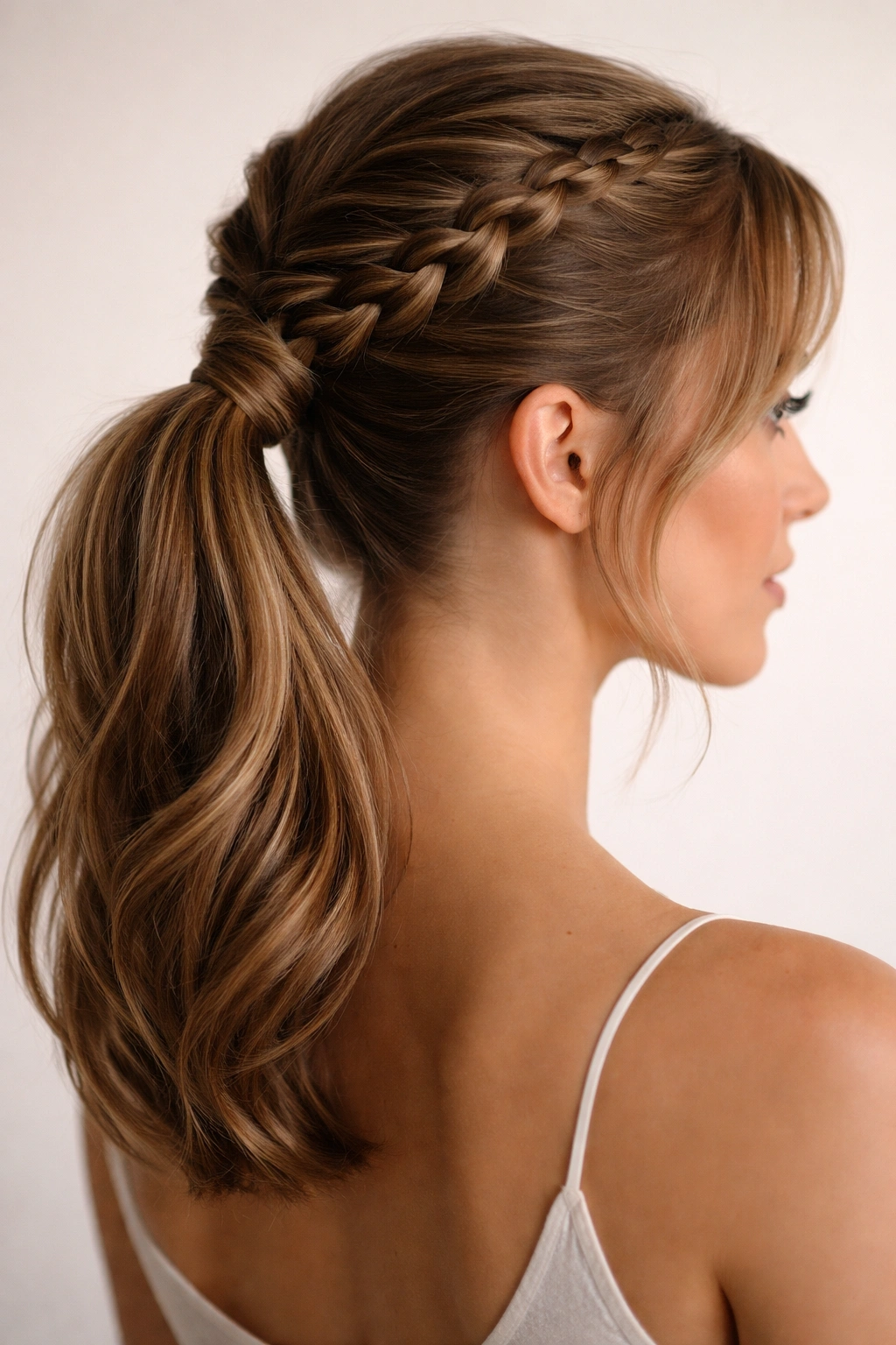 Ponytail featuring a neat crown-to-tail braid integrated into the hairstyle