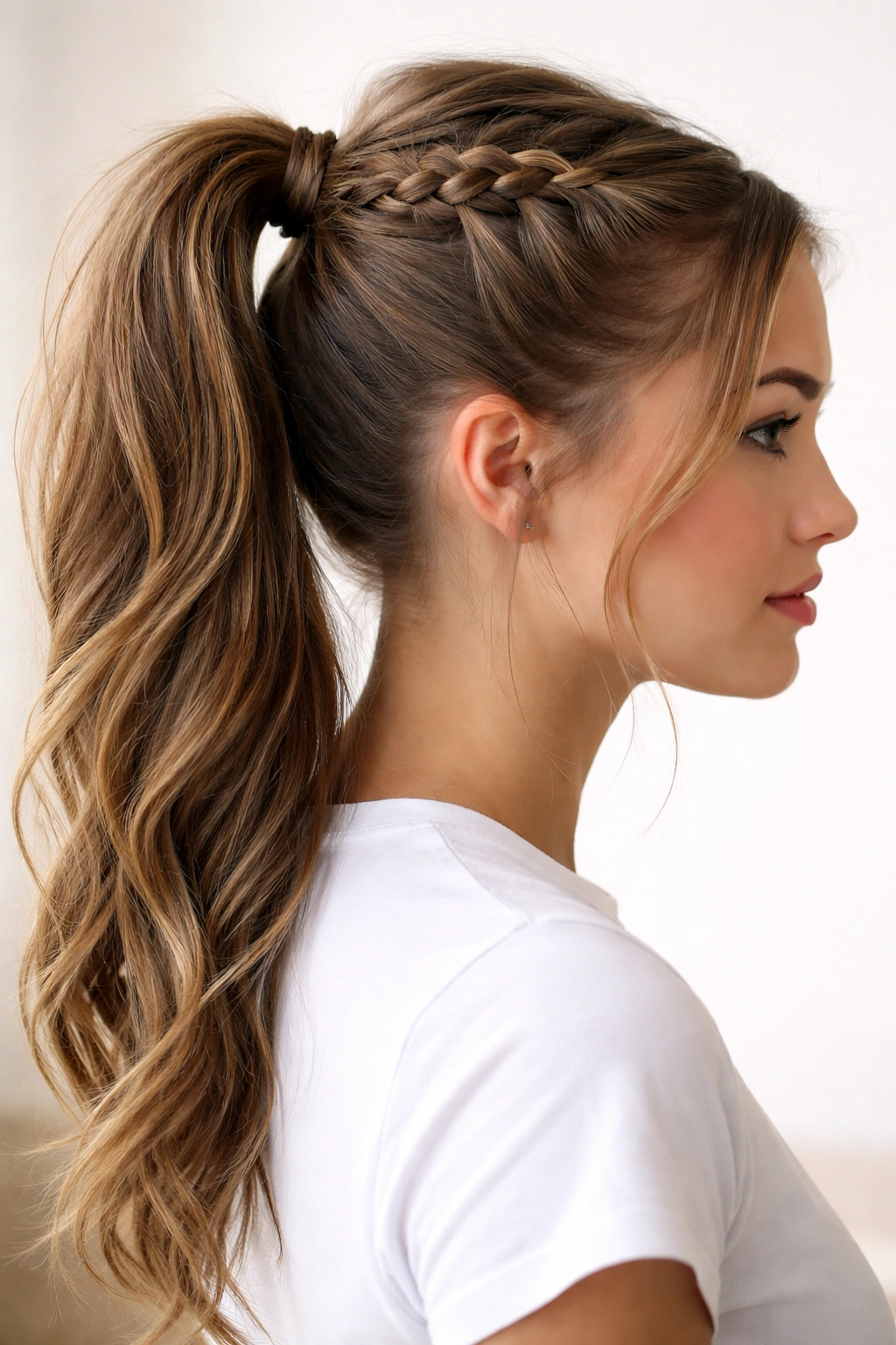 Close-up of a braided ponytail with a neat braid integrated into a high ponytail