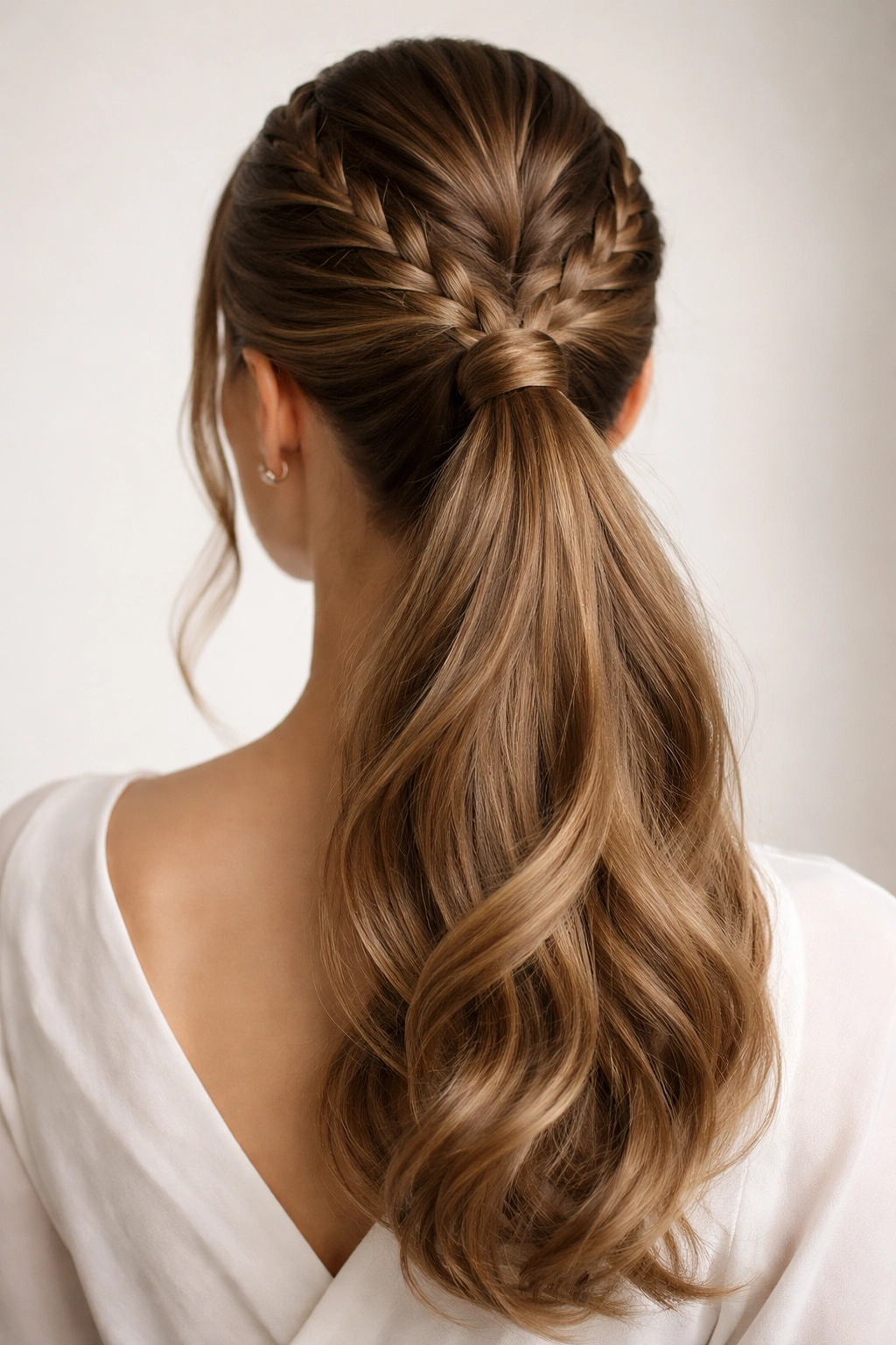 Braided ponytail with multiple braids converging into a ponytail