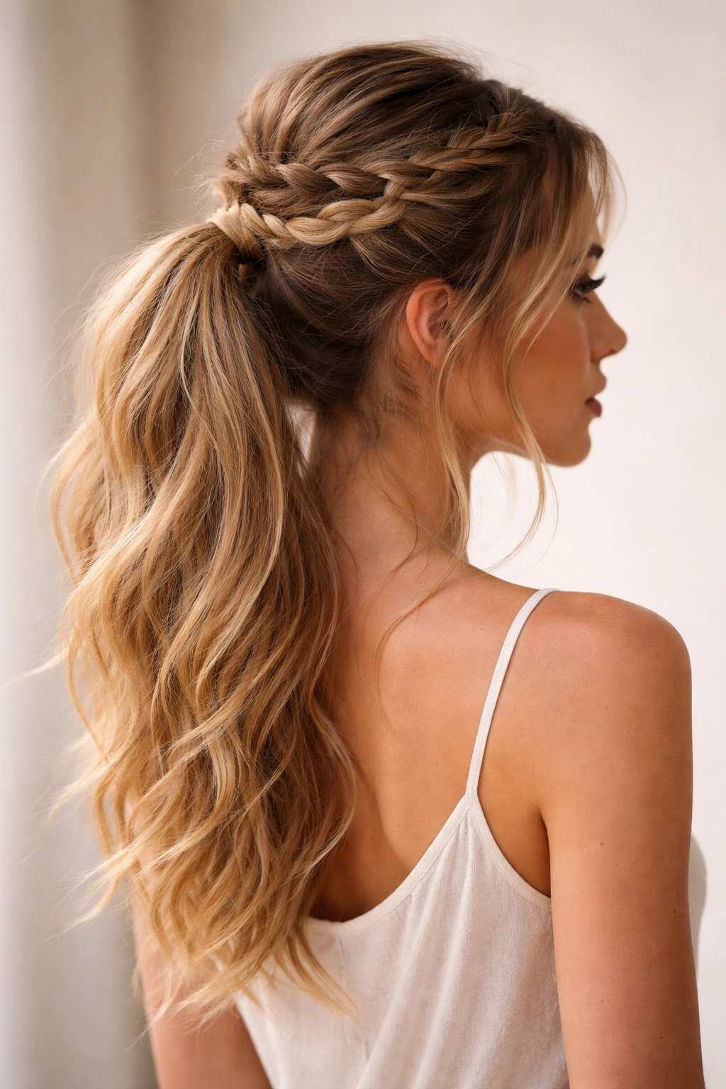 Braided crown at the top with a ponytail beneath in a half-up hairstyle