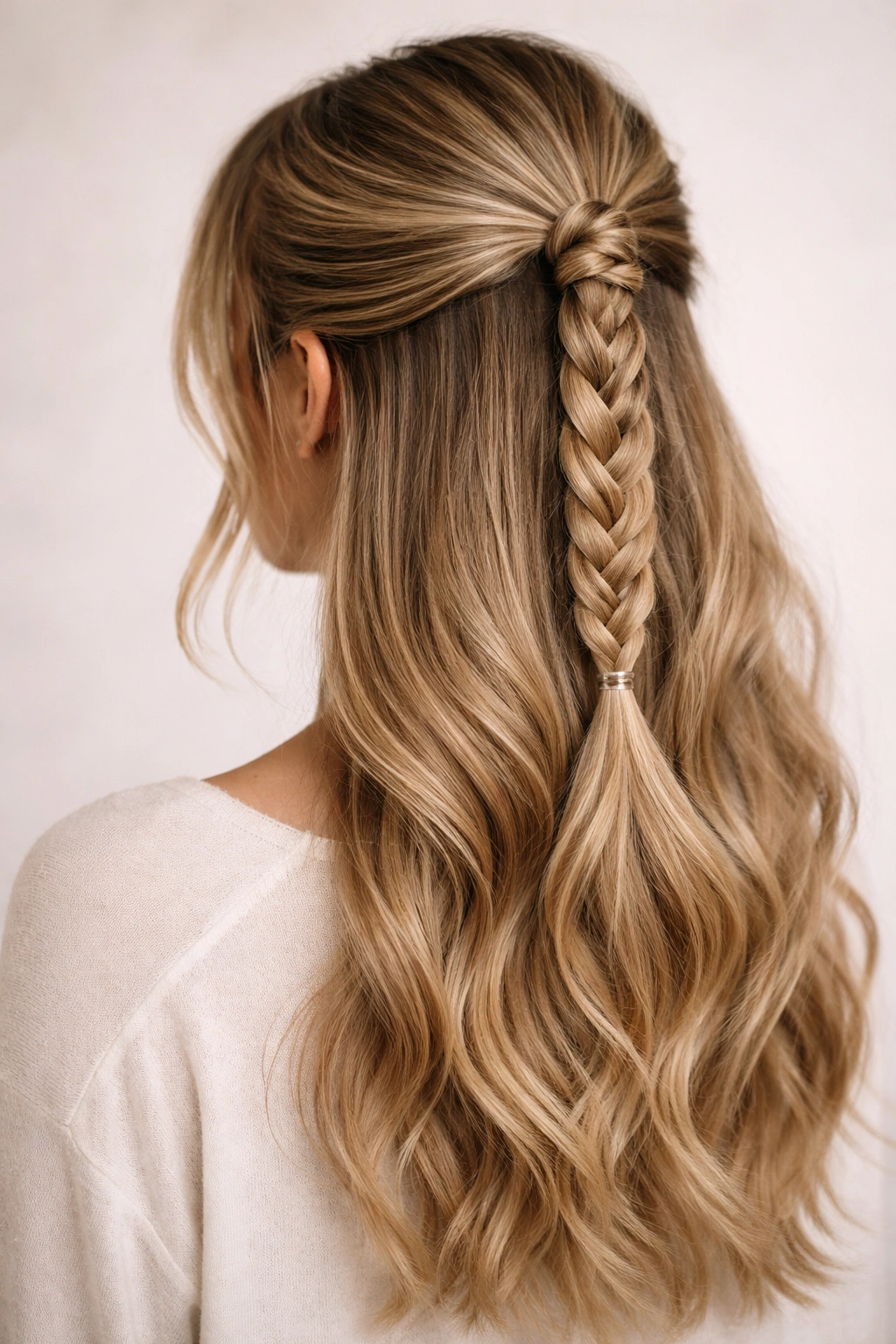 Half-up hairstyle with braided ponytail and long waves
