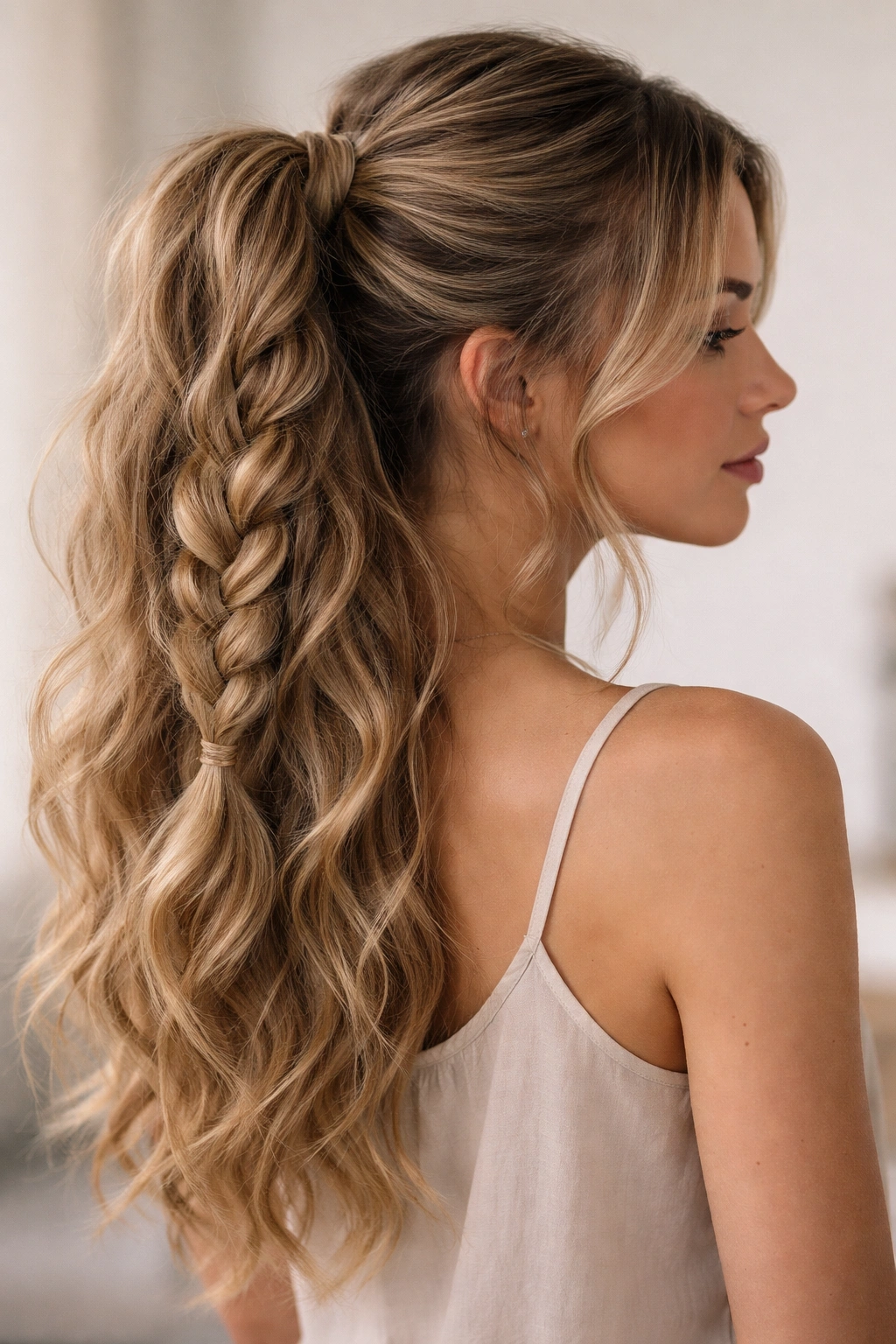 Three-quarter view of braided ponytail with loose top section over waves