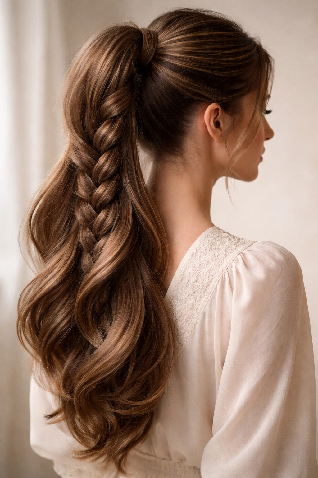 Close-up of a long braided ponytail with an integrated Dutch braid starting at the nape