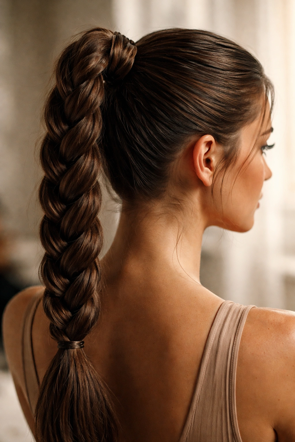 Braided ponytail with textured grip and tight tension for long hold