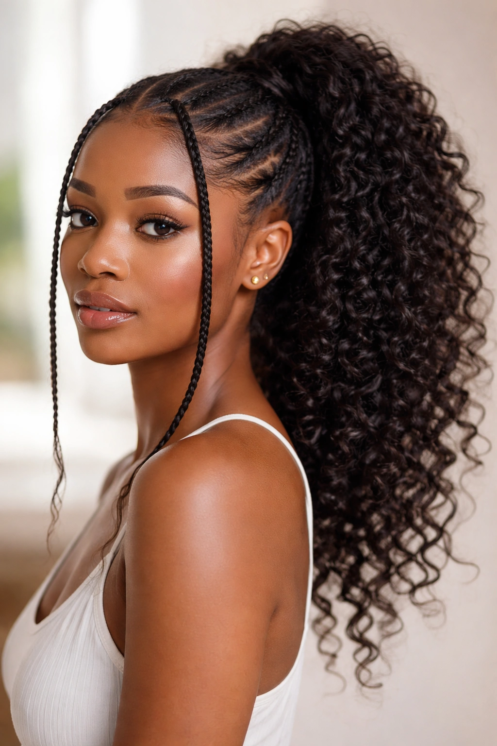 Face-framing braids into a ponytail with loose curls