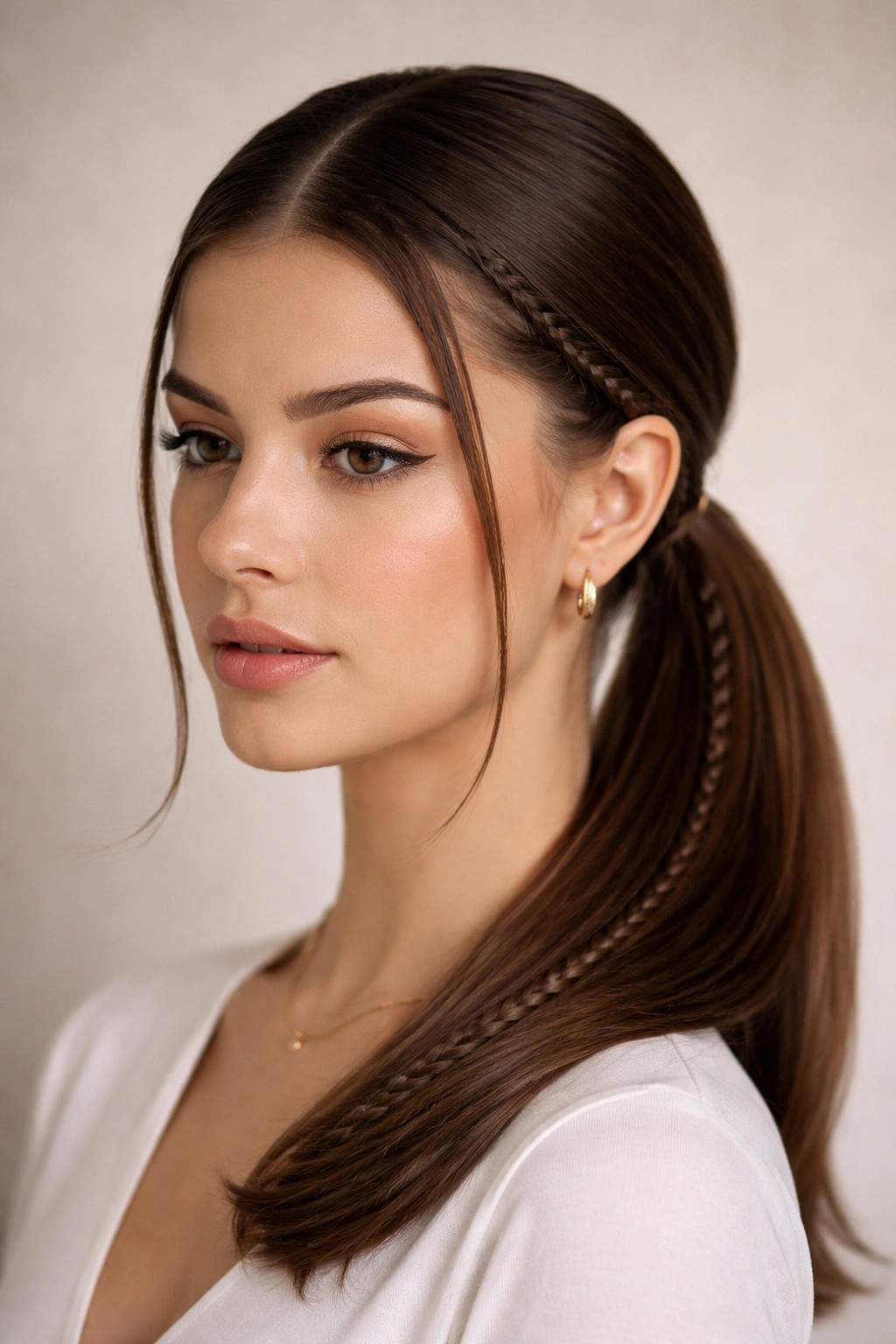Close-up of a braided low ponytail with temple braids merging into a sleek ponytail