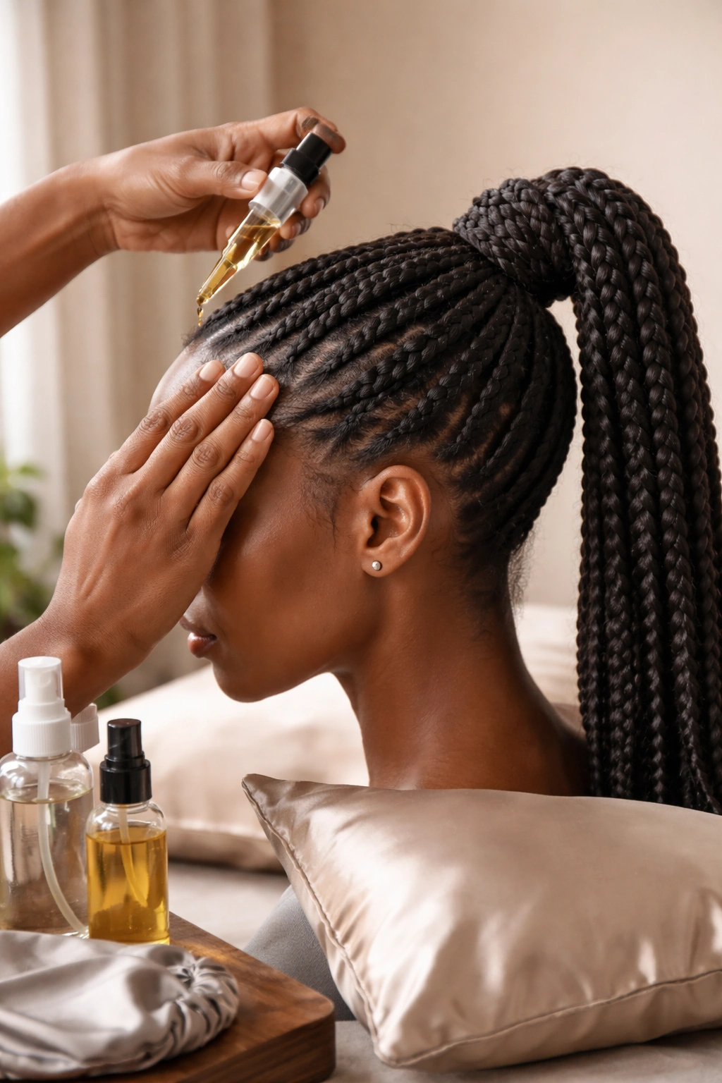 Braided ponytail being moisturized with silk pillowcase nearby