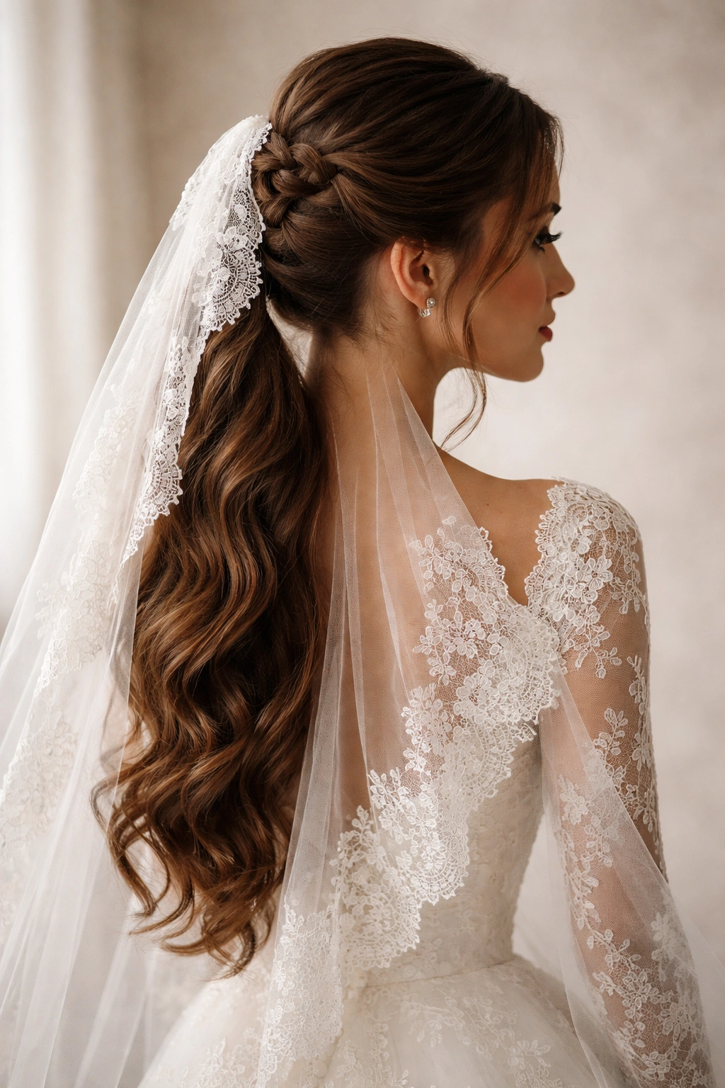 Portrait of a woman with a braided ponytail and mantilla veil