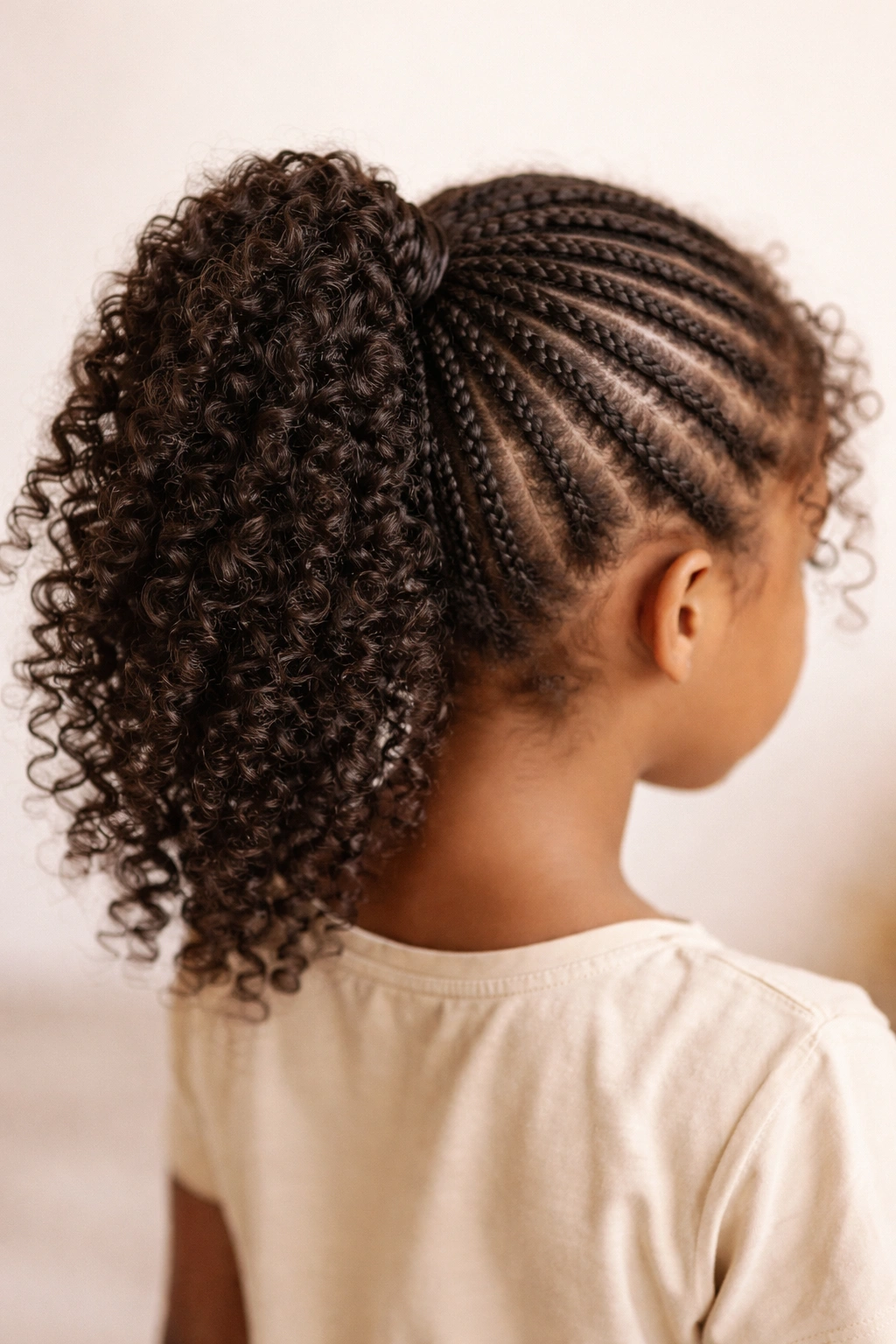 Back view of braided ponytail with natural curls