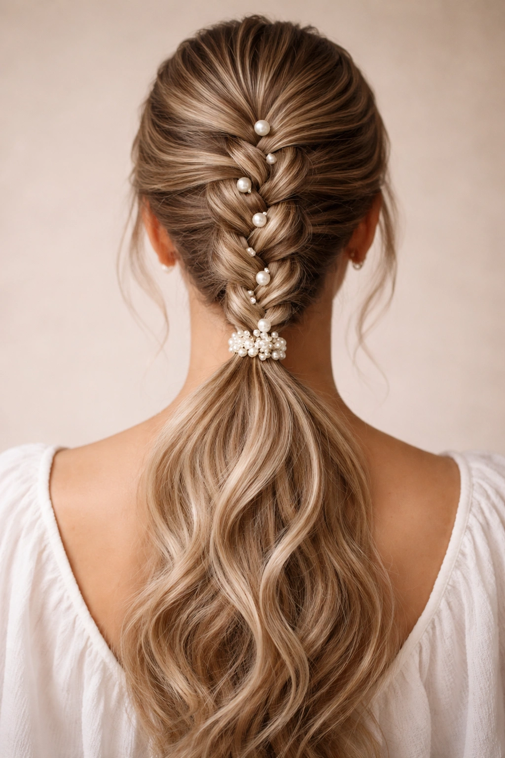 Back view of braided ponytail with pearls woven through the braid