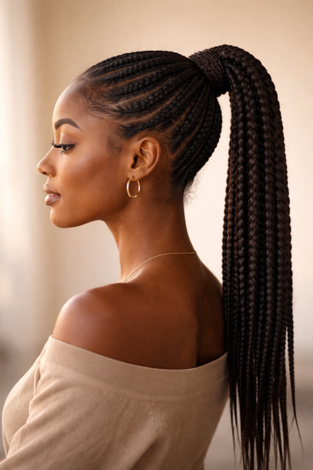 Profile of a person with a neatly braided ponytail in a calm setting