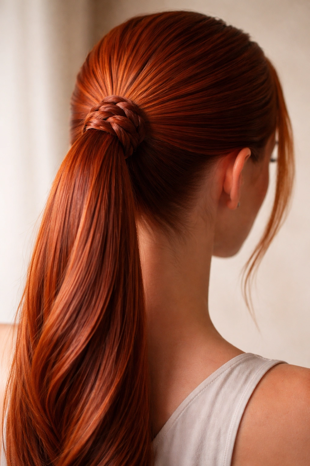 Close-up of a red-haired head with a braided ponytail base