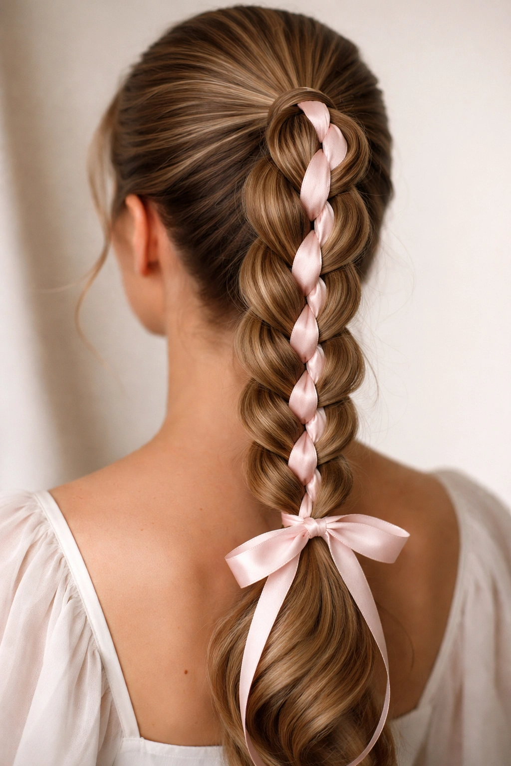 Ponytail braid with ribbon woven through the strands.