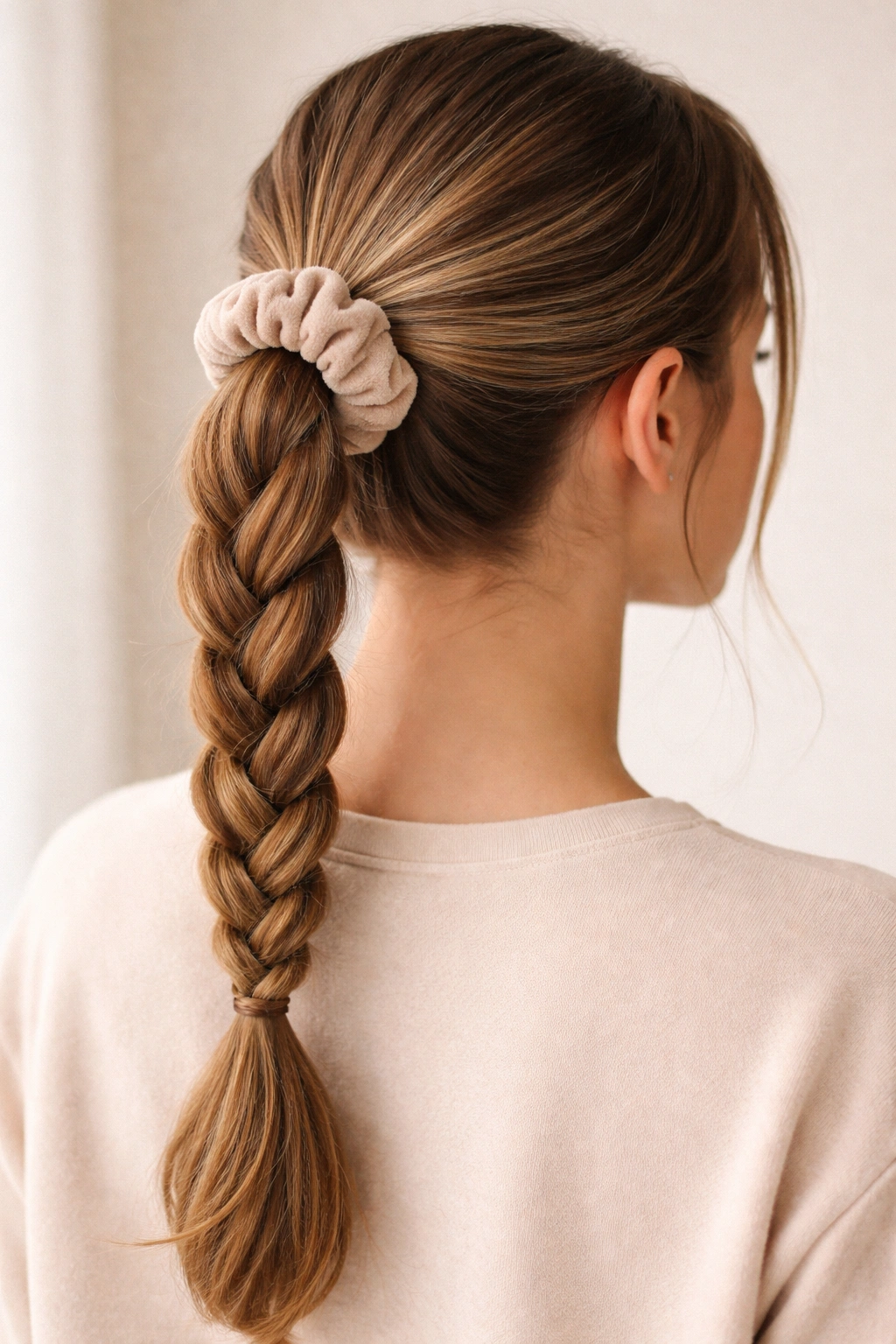 Braided ponytail with scrunchie showing woven braid texture