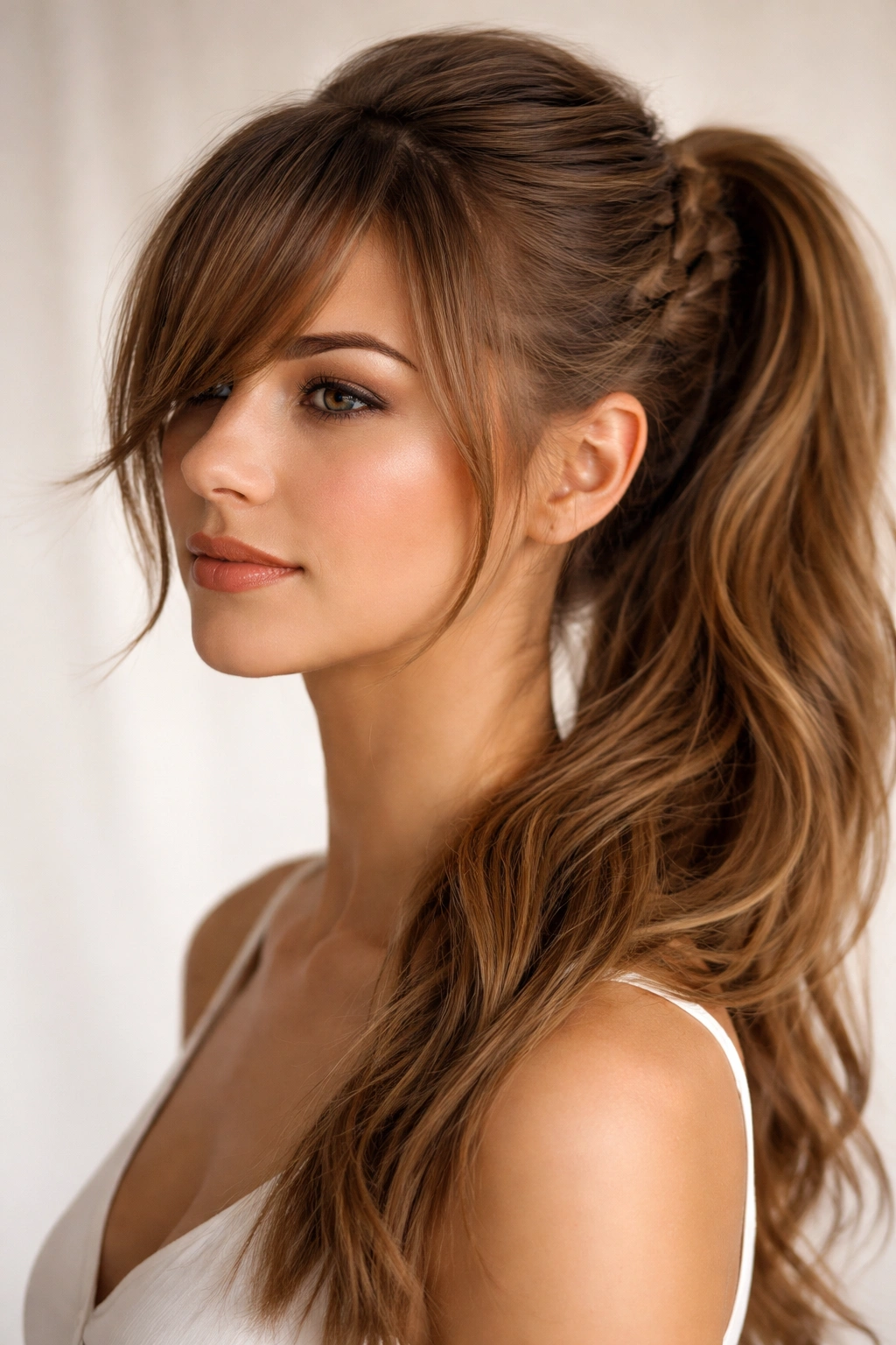 Portrait of a person with a braided ponytail and side-swept bangs.