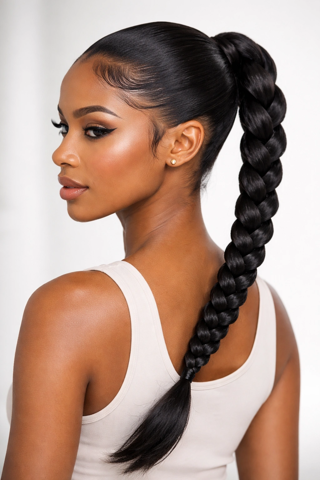 Sleek braided ponytail with a tight three-strand braid and glossy edges